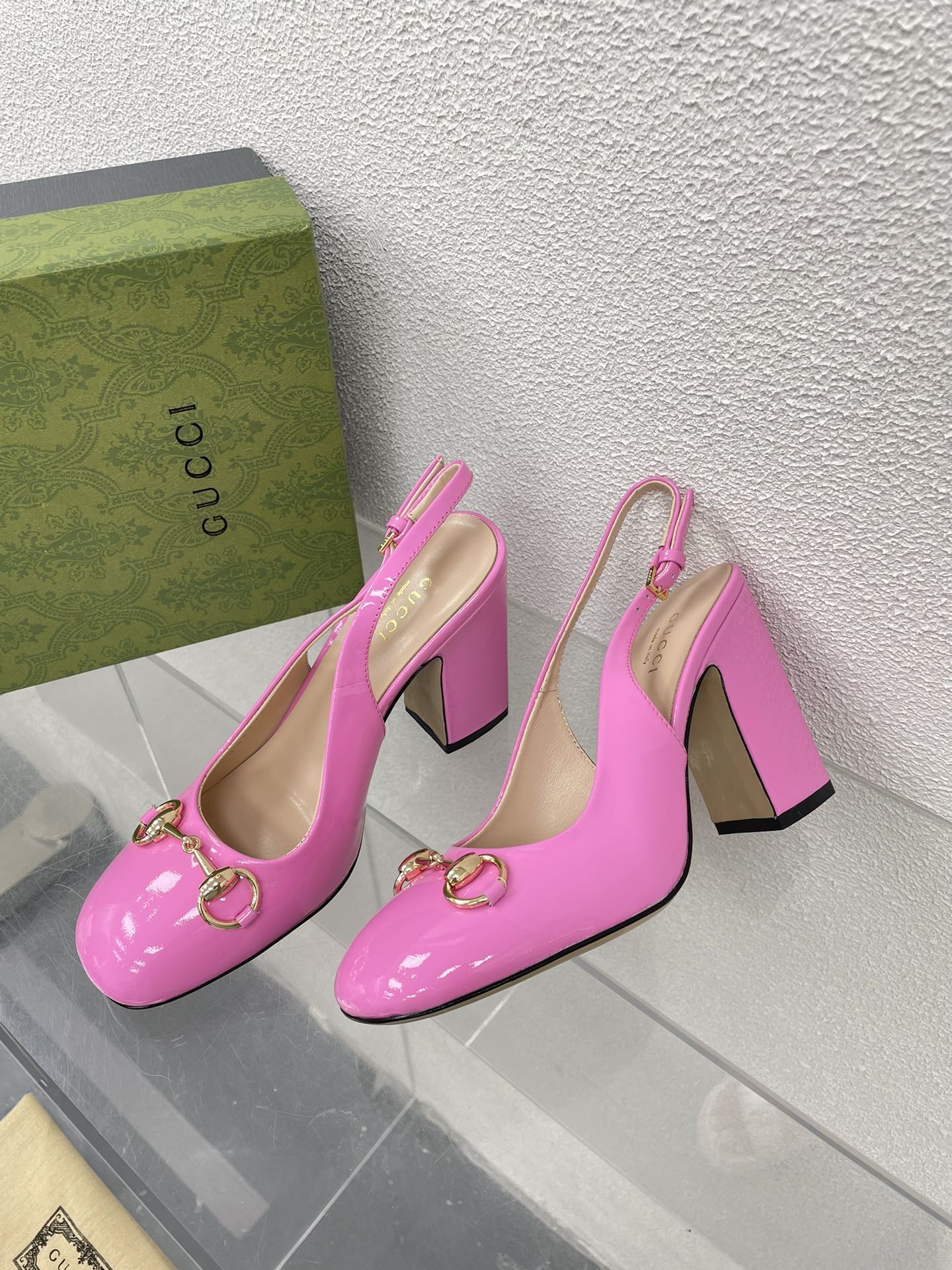 GG WOMEN'S HORSEBIT SLINGBACK 95MM IN FUSICA PINK CALFSKIN