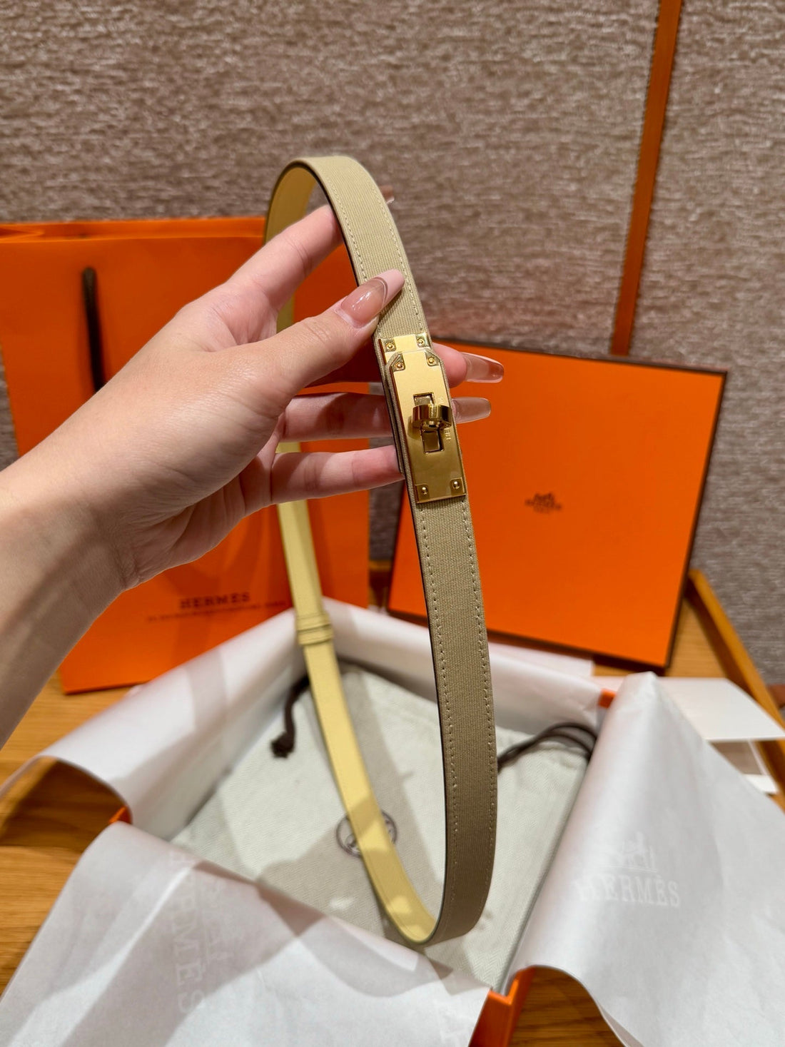 HM Kelly Belt 18mm Beige Canvas Epsom Leather Gold Buckle