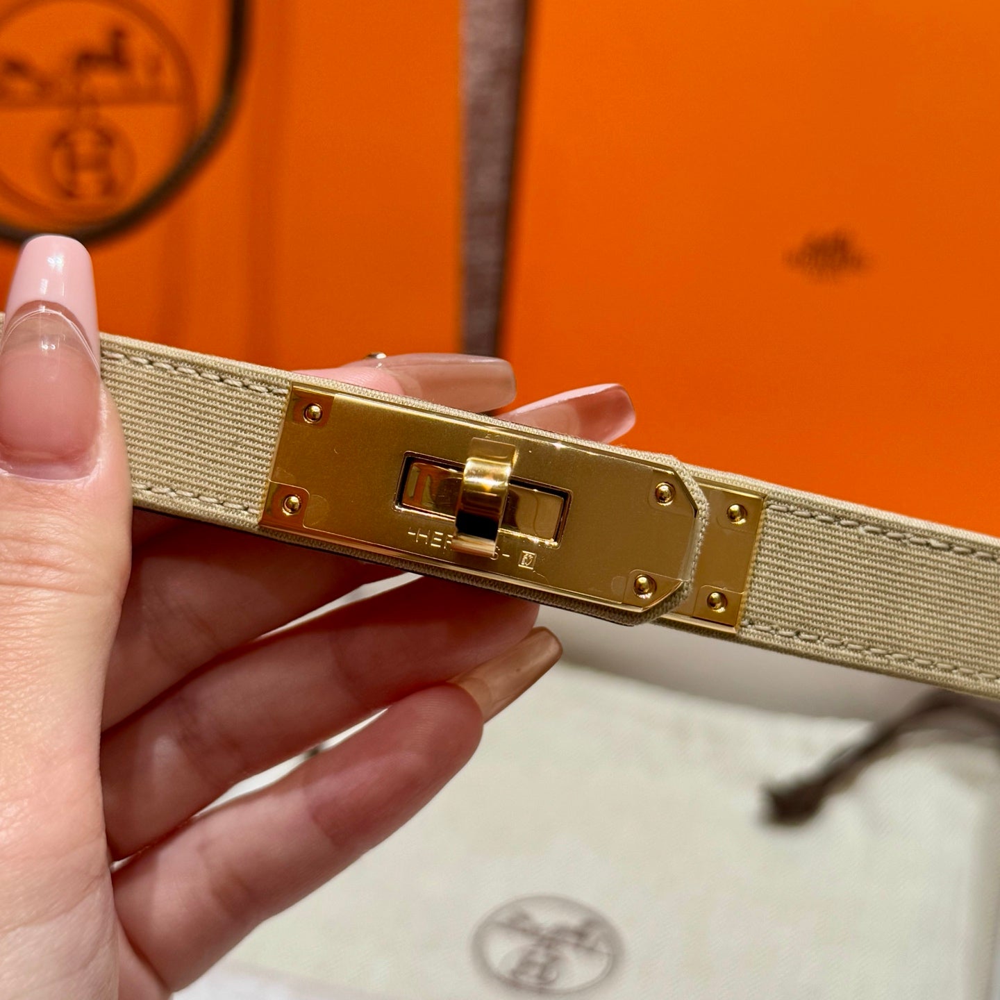HM Kelly Belt 18mm Beige Canvas Epsom Leather Gold Buckle