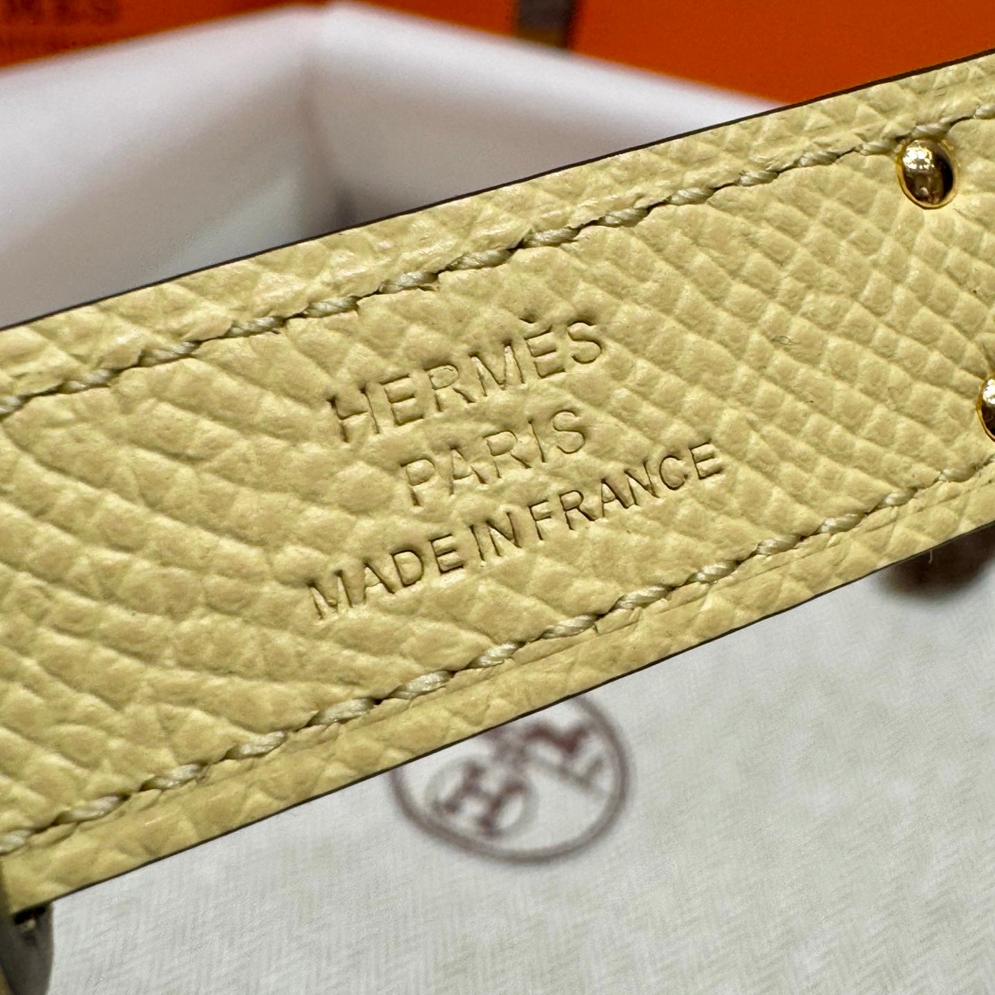 HM Kelly Belt 18mm Beige Canvas Epsom Leather Gold Buckle