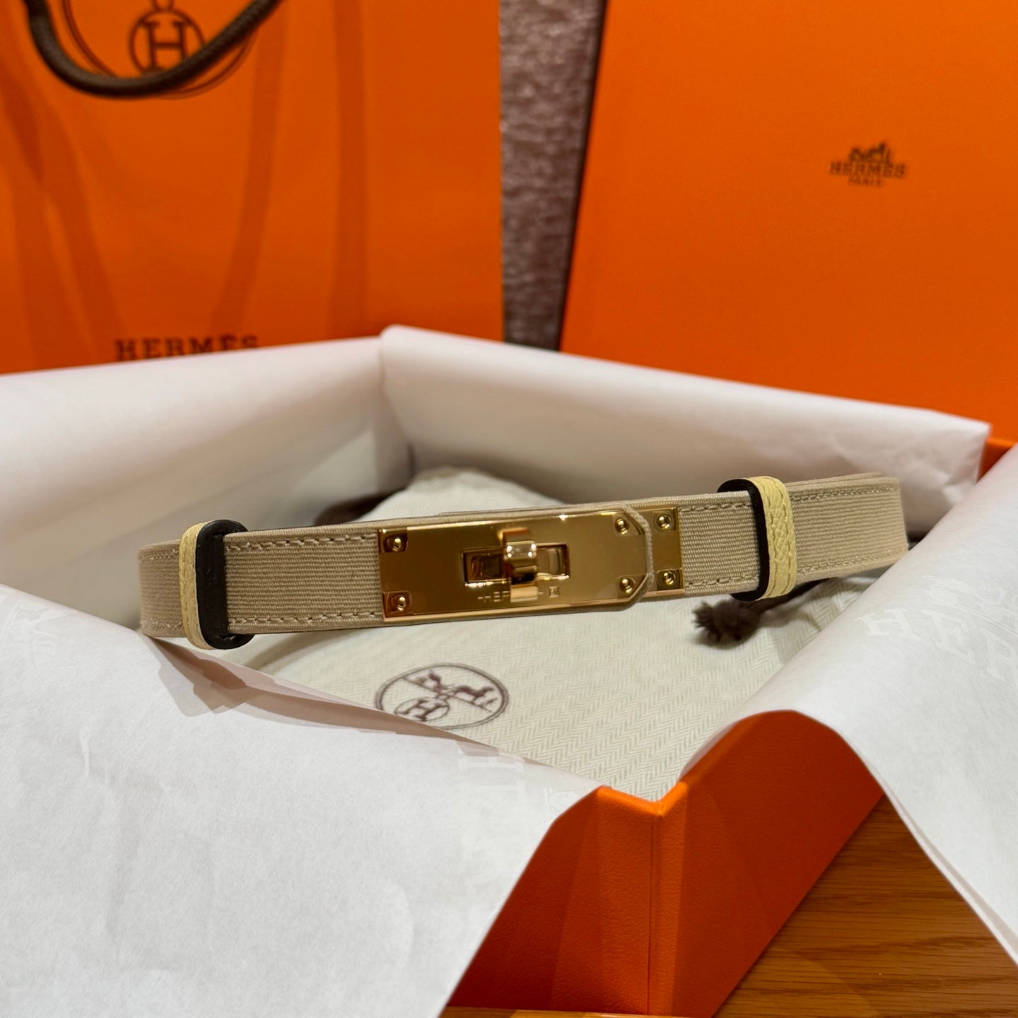HM Kelly Belt 18mm Beige Canvas Epsom Leather Gold Buckle