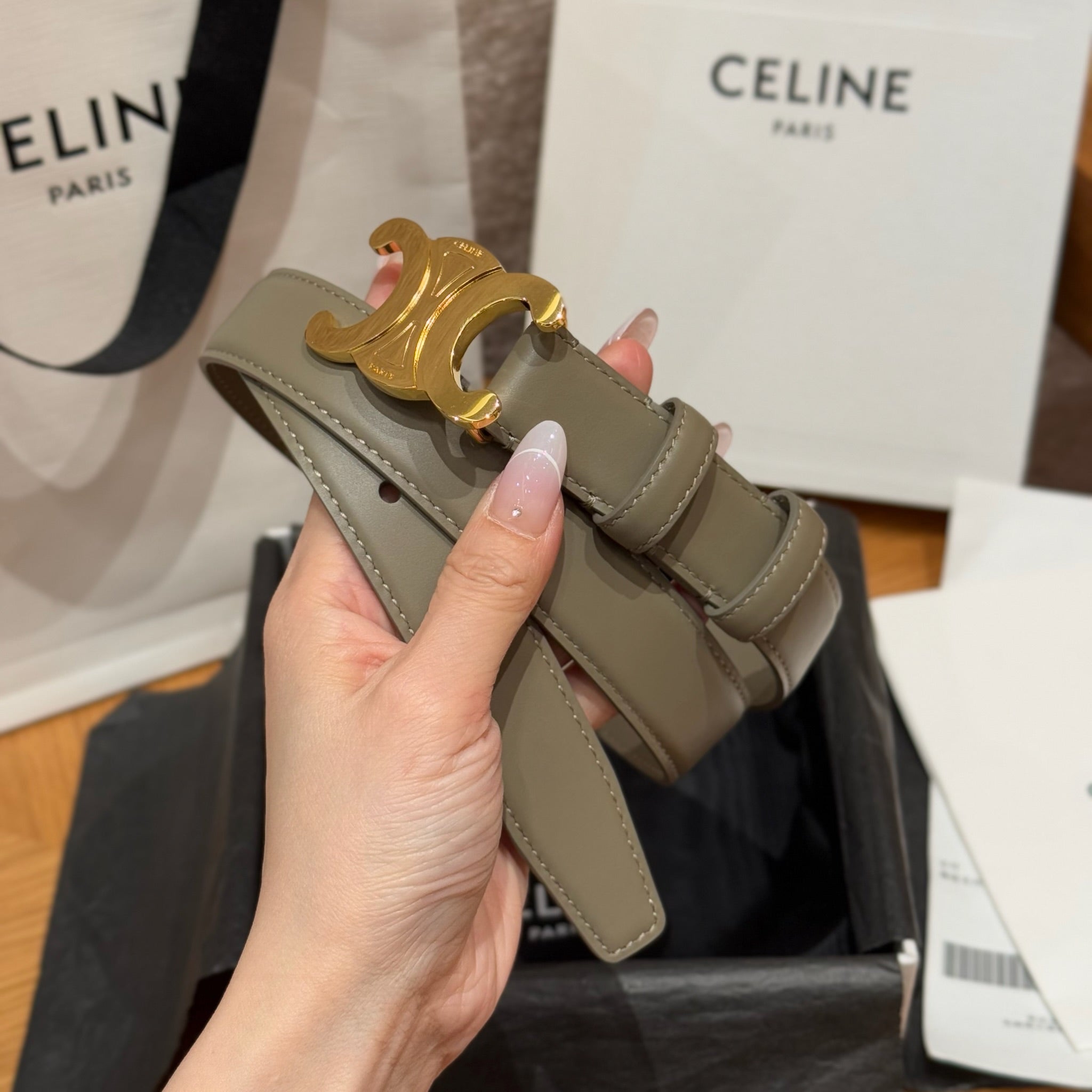 CEL Triomphe Belt 25mm Etoupe Gold Calfskin 187493