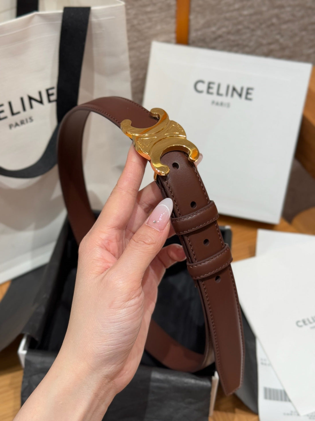 CEL Triomphe Belt 25mm Brown Gold Calfskin 187489