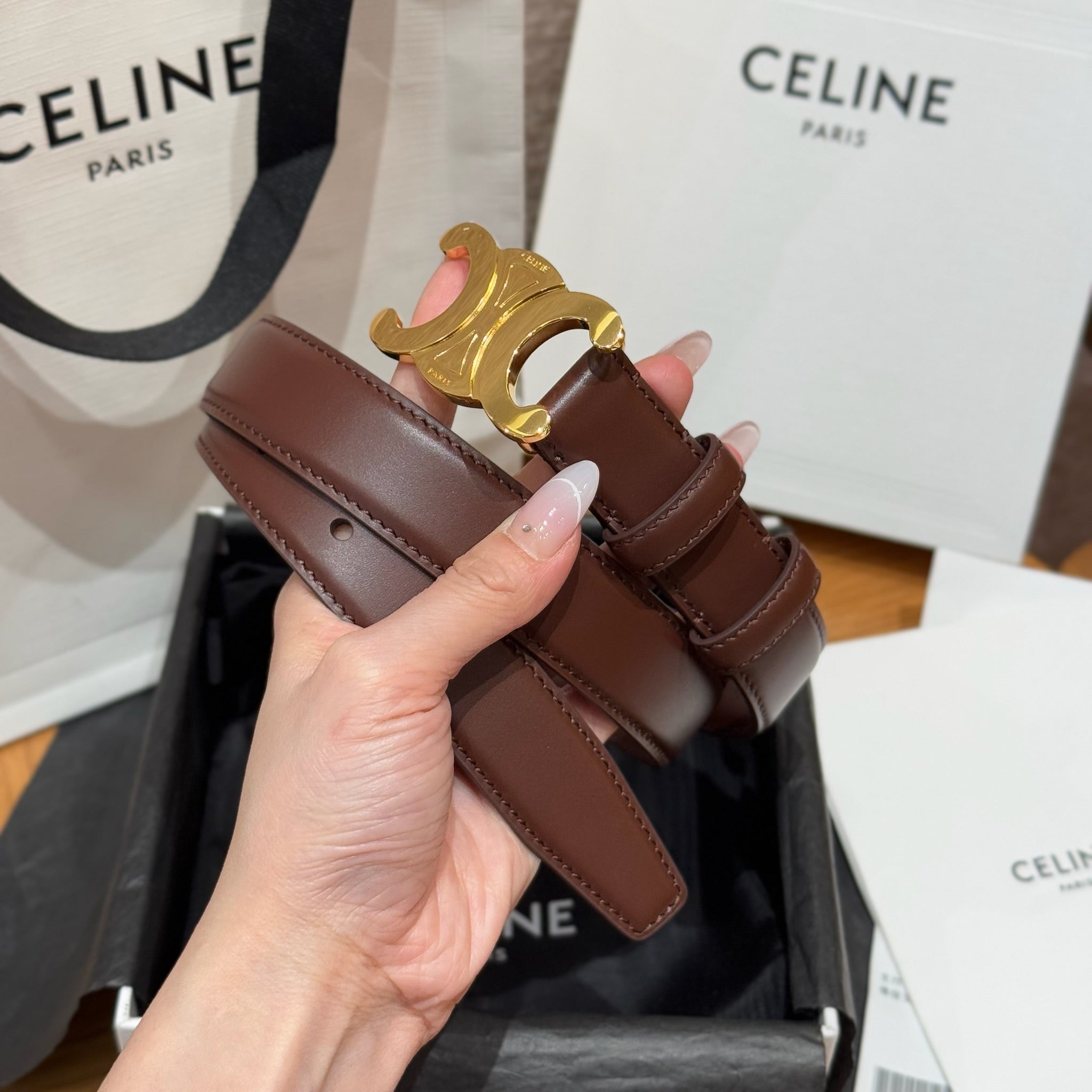 CEL Triomphe Belt 25mm Brown Gold Calfskin 187489