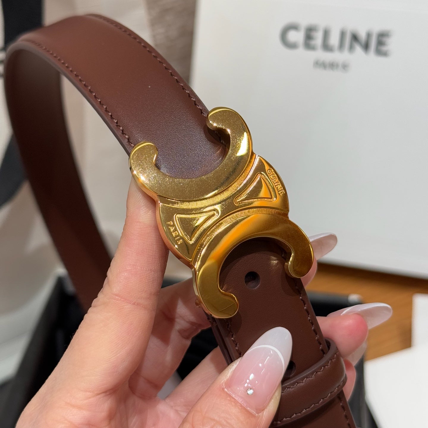 CEL Triomphe Belt 25mm Brown Gold Calfskin 187489