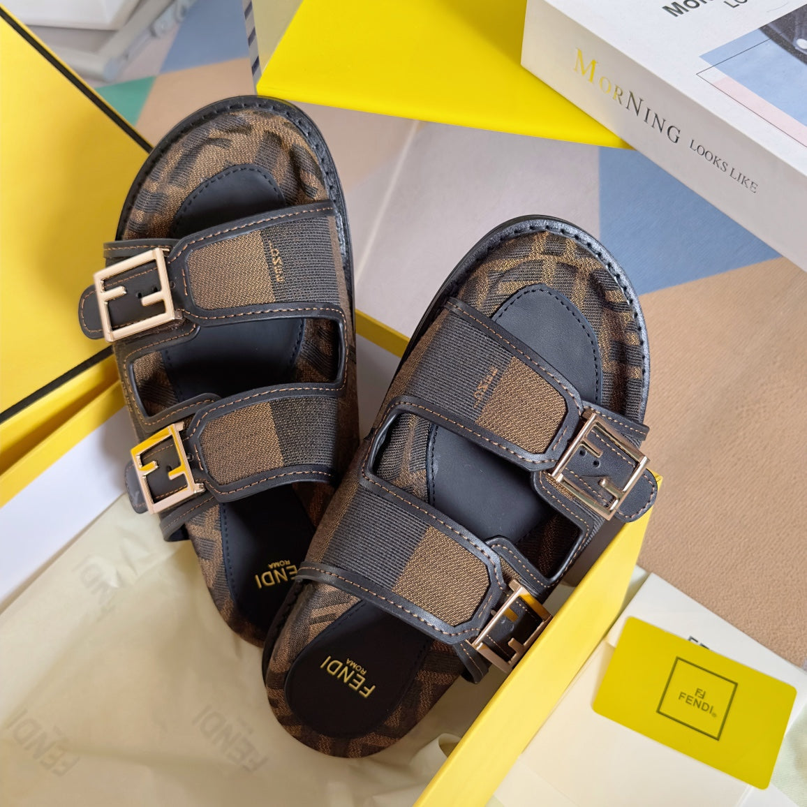 FENDI DAD SANDAL IN MOCHA BROWN MIX BLACK MONOGRAM JACQUARD FABRIC