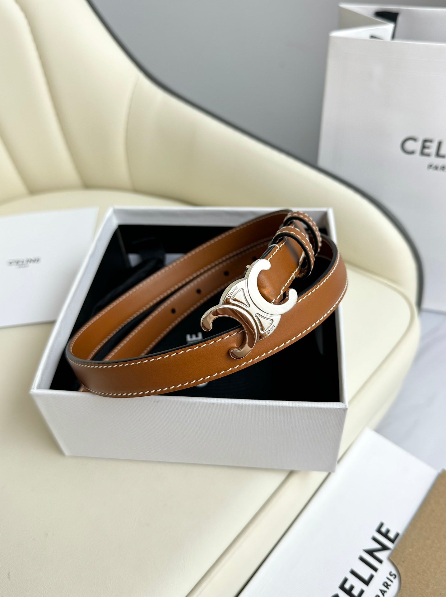 MINI TRIOMPHE BELT 13 MM BRONZE BROWN LEATHER SILVER HARDWARE