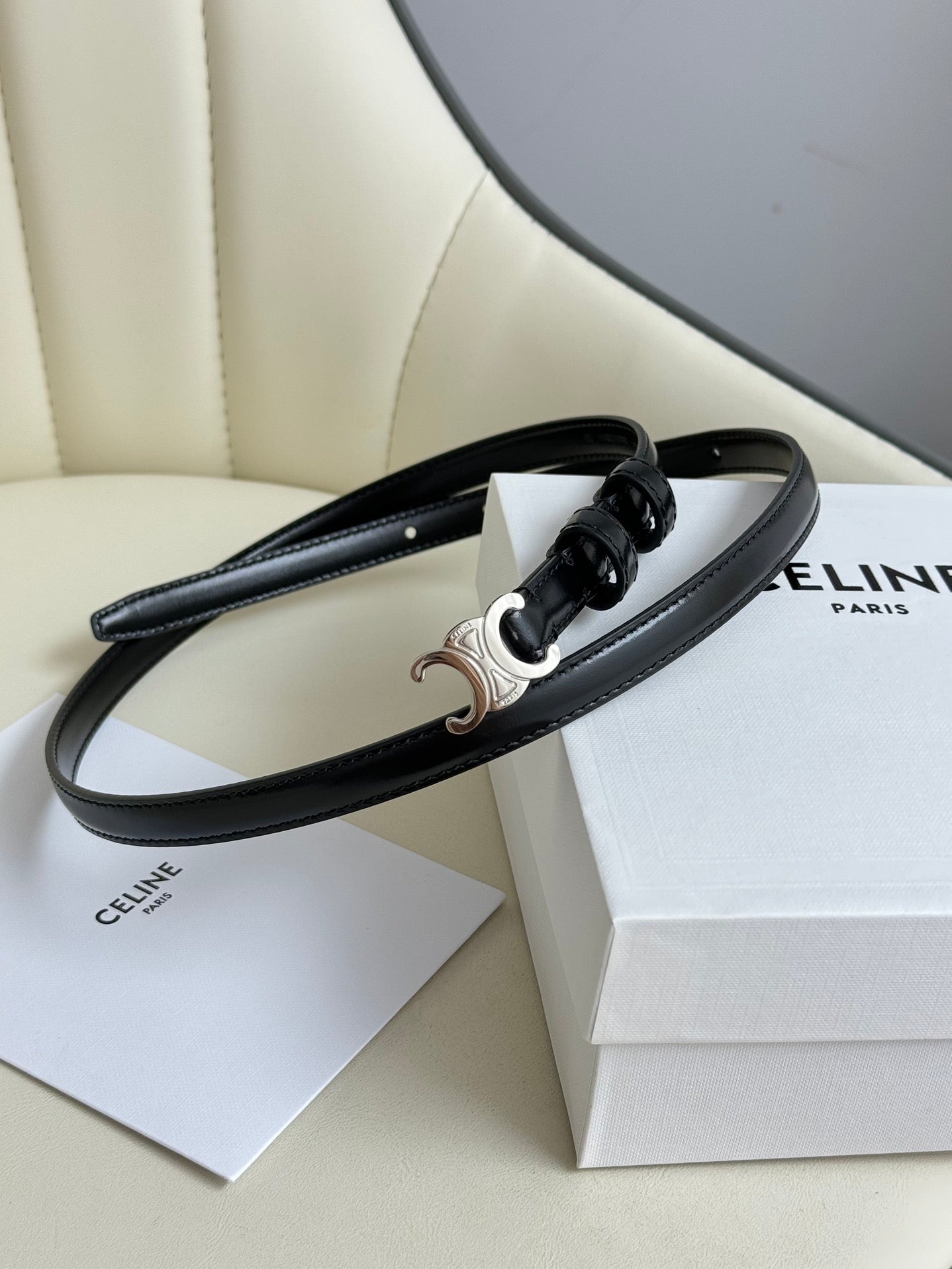 MINI TRIOMPHE BELT 13 MM BLACK LEATHER SILVER HARDWARE