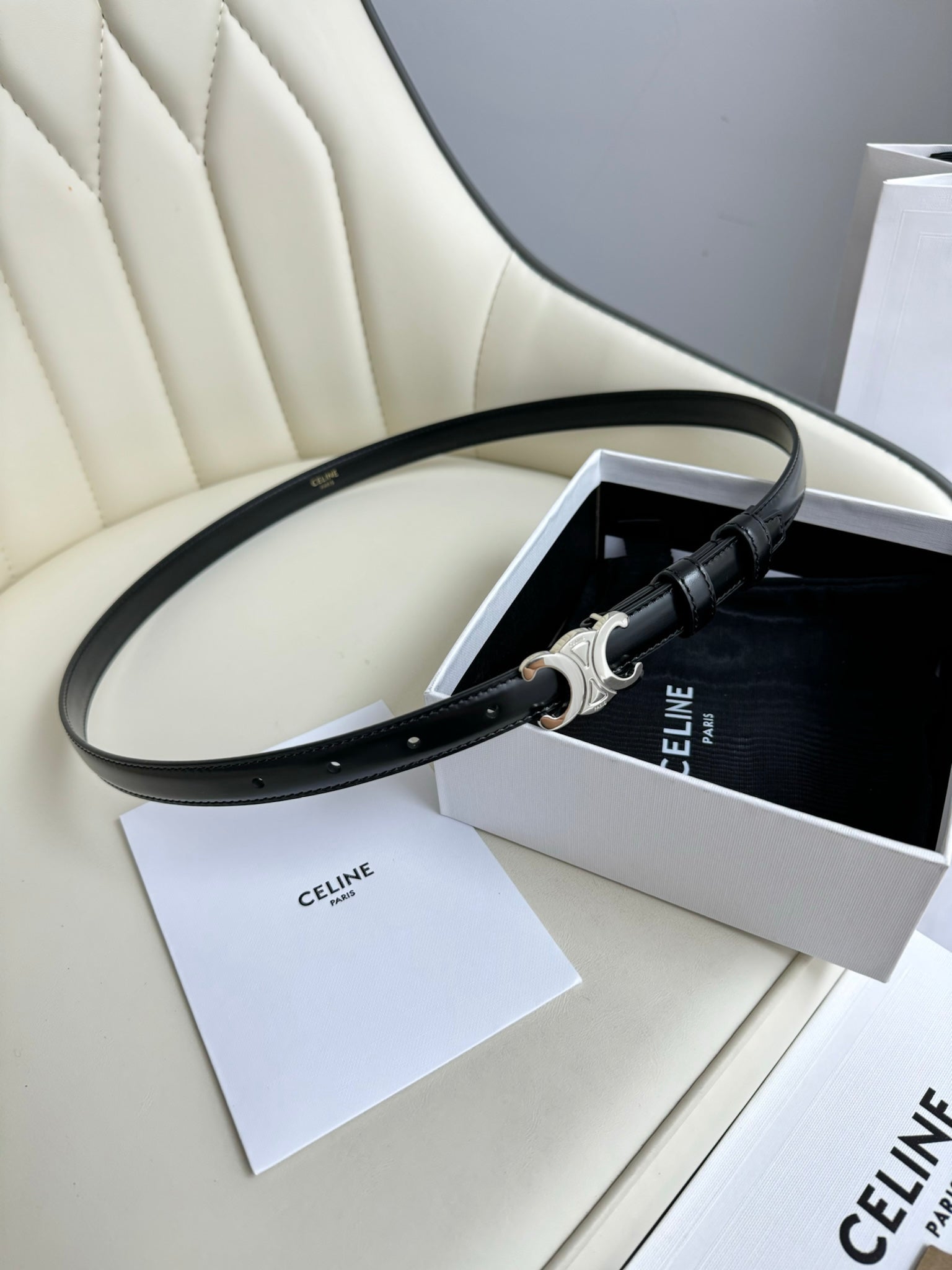 CEL Silver Buckle 13mm Belt Black Cowhide 179726