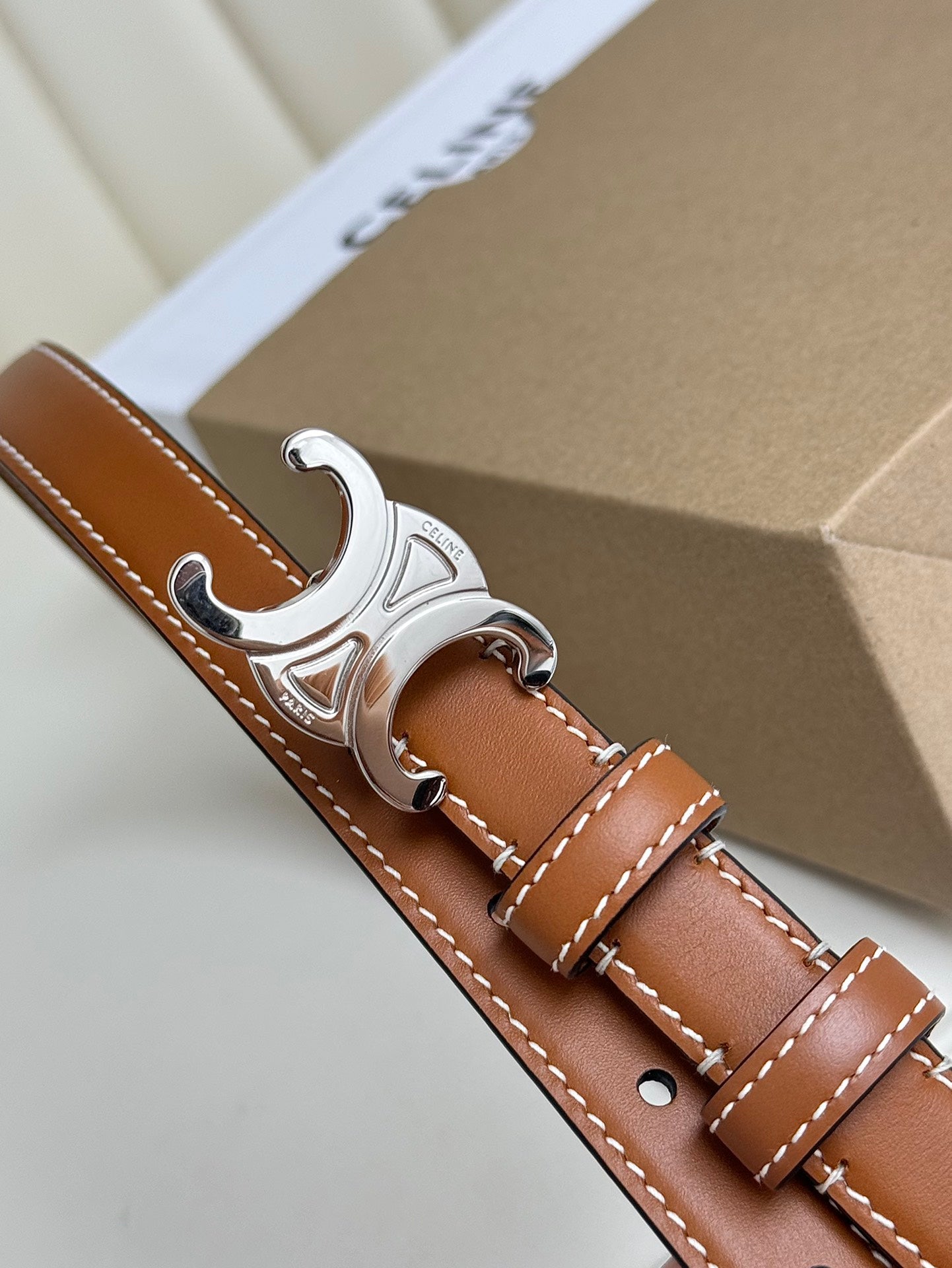 SMALL TRIOMPHE BELT 18 MM BRONZE BROWN LEATHER SILVER HARDWARE