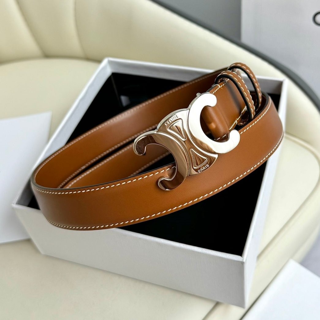 MEDIUM TRIOMPHE BELT 25MM BRONZE BROWN LEATHER SILVER HARDWARE