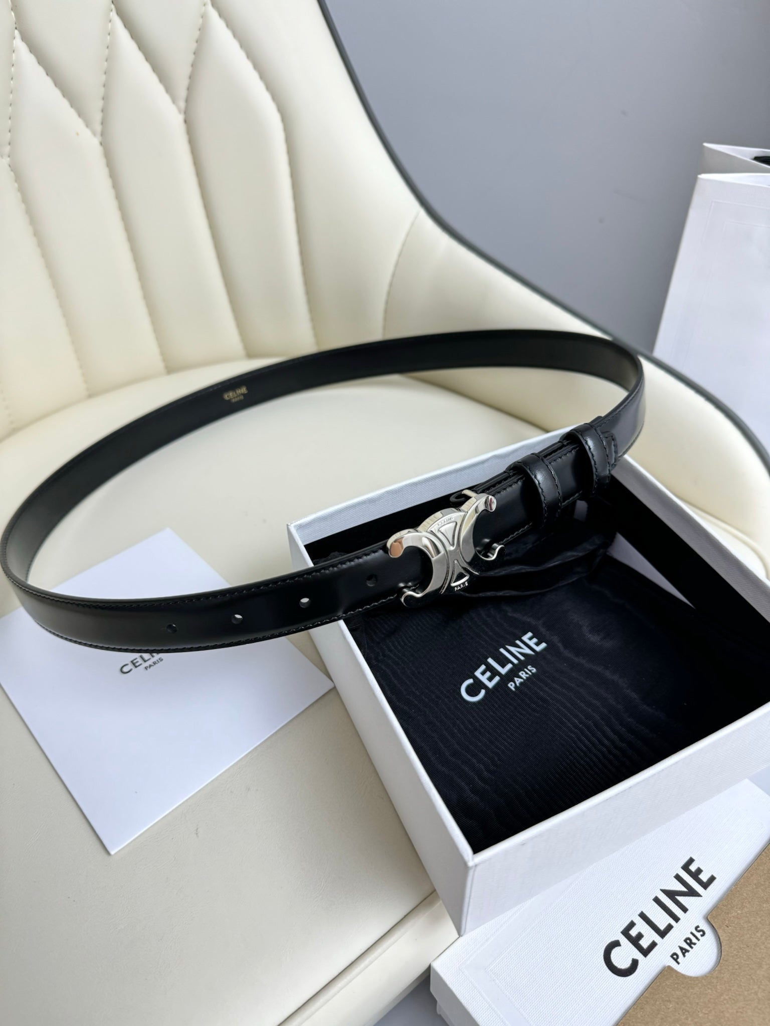 MEDIUM TRIOMPHE BELT 25MM BLACK LEATHER SILVER HARDWARE