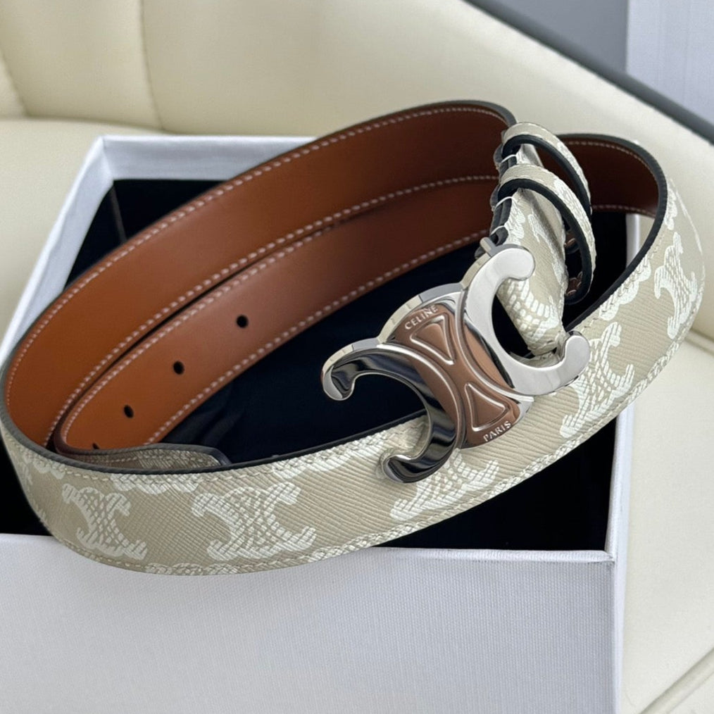 CEL Silver 25mm Triomphe Belt White Beige Canvas 180419