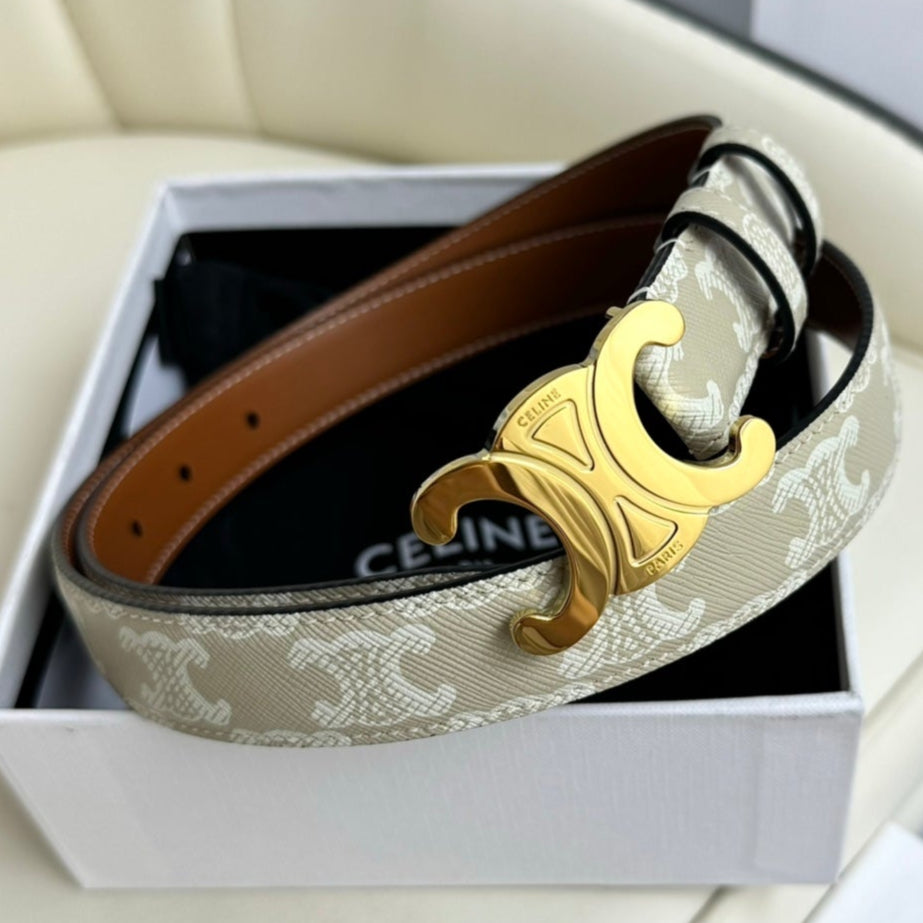CEL Gold 25mm Triomphe Belt White Beige Canvas 180418