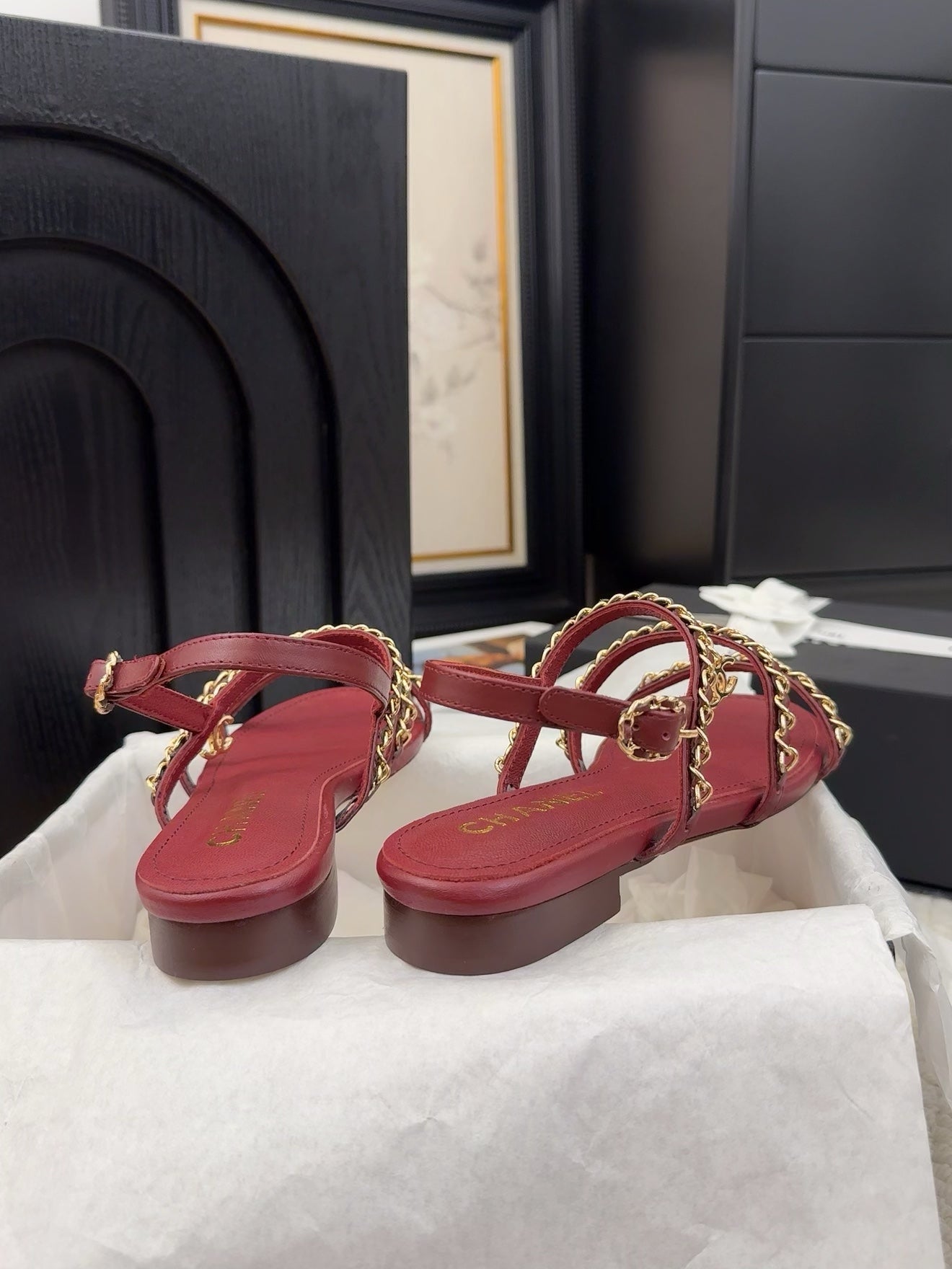 CC 25S Sandal Three Leather Strap Red Calfskin