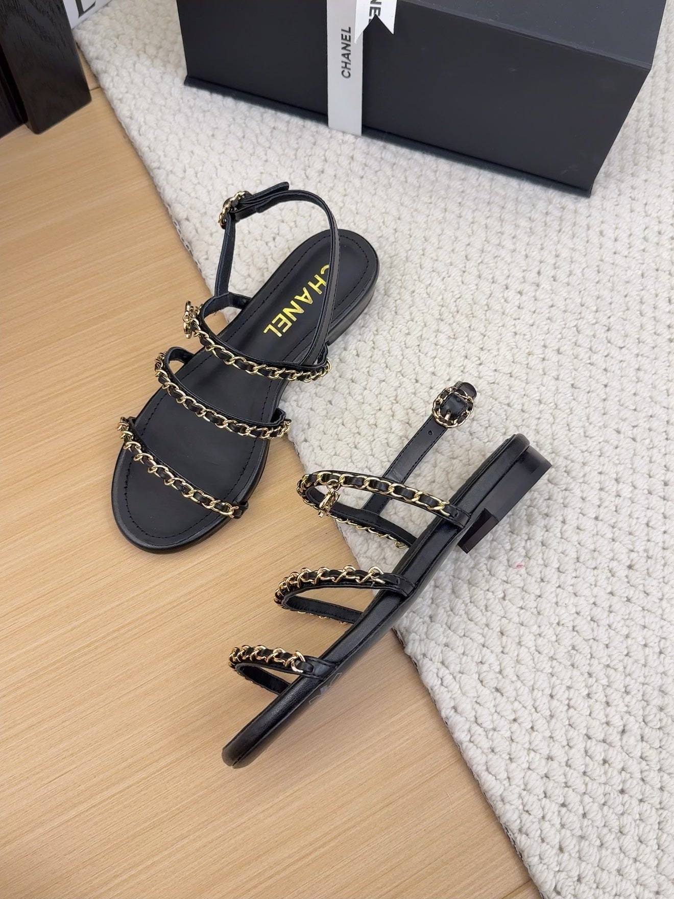 CC 25S Sandal Three Leather Strap Black Calfskin