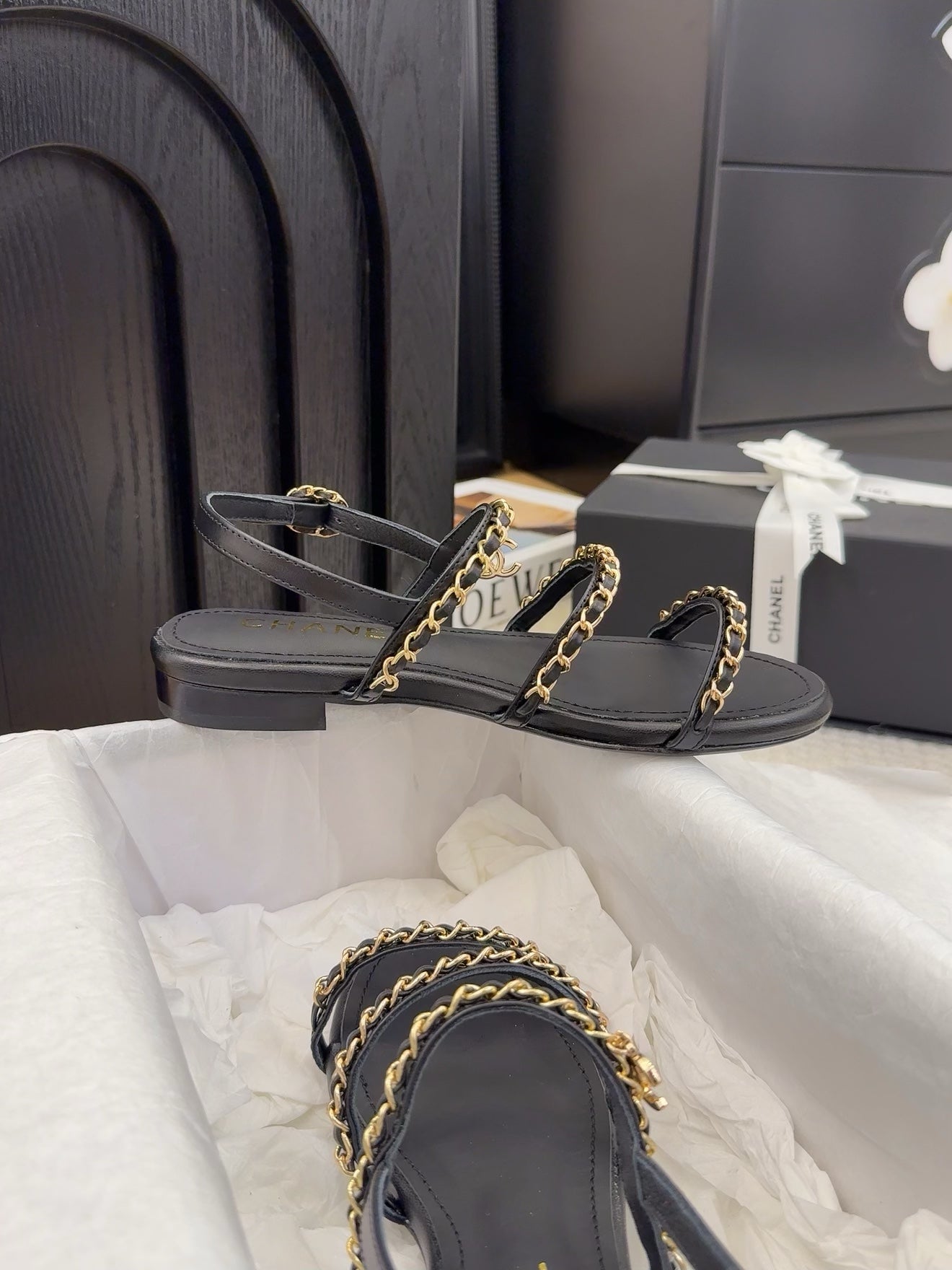 CC 25S Sandal Three Leather Strap Black Calfskin