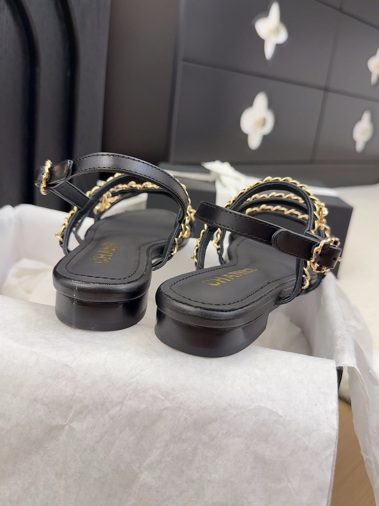 CC 25S Sandal Three Leather Strap Black Calfskin