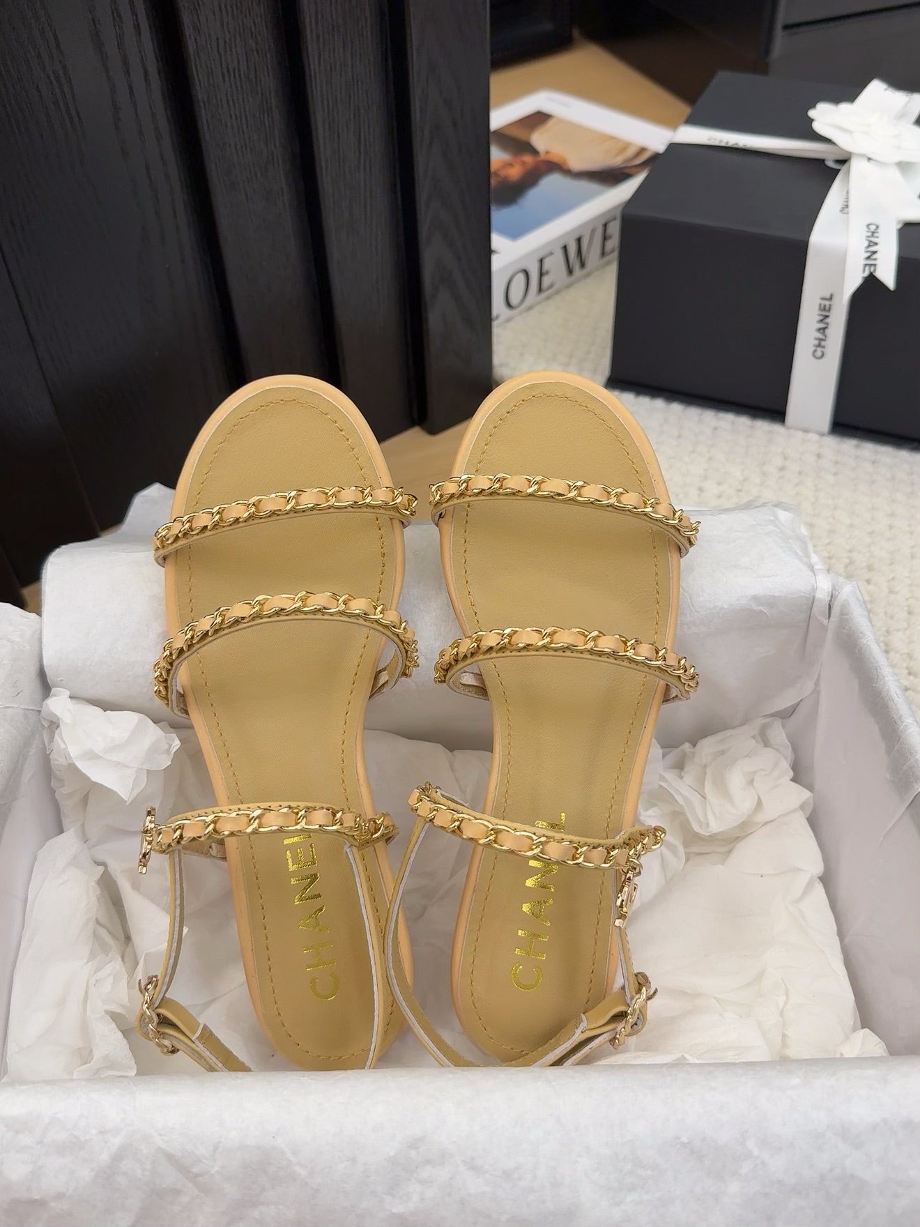 CC 25S Sandal Three Leather Strap Beige Calfskin