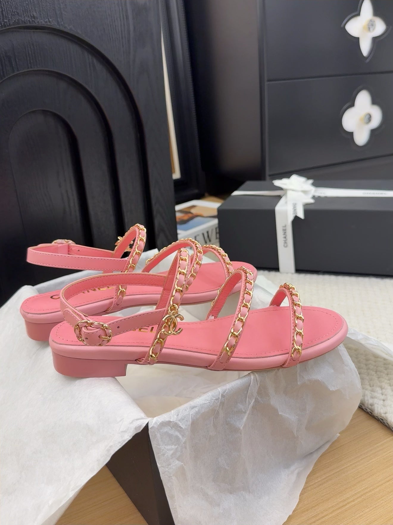 CC 25S Sandal Three Leather Strap Pink Calfskin