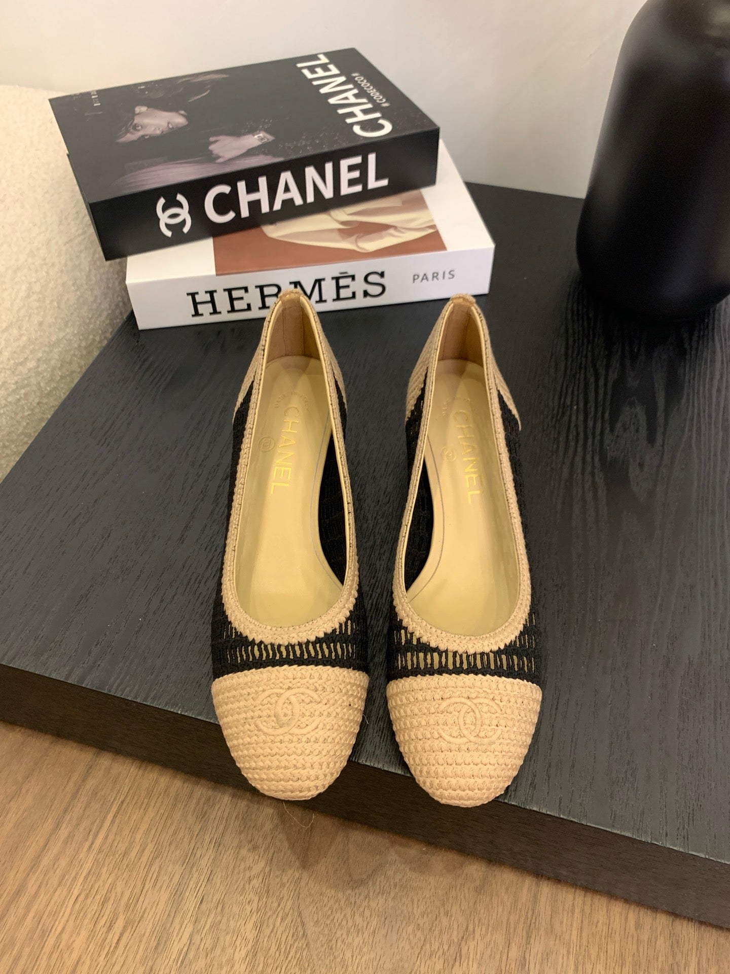 CC 25p Ballet Heel 50mm Black Beige Raffia