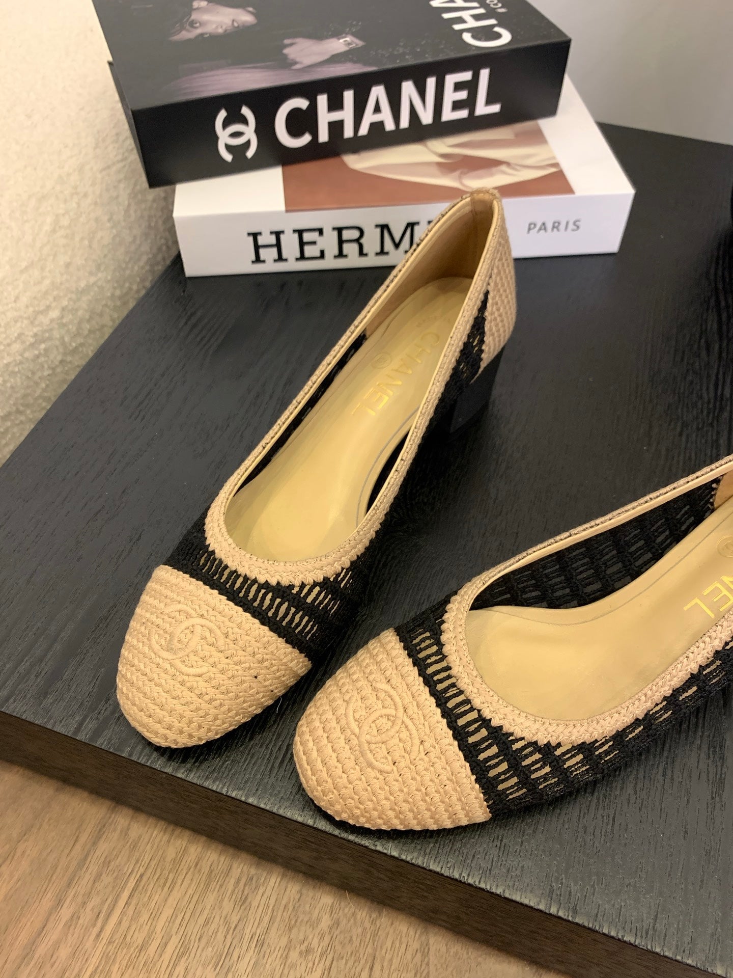 CC 25p Ballet Heel 50mm Black Beige Raffia