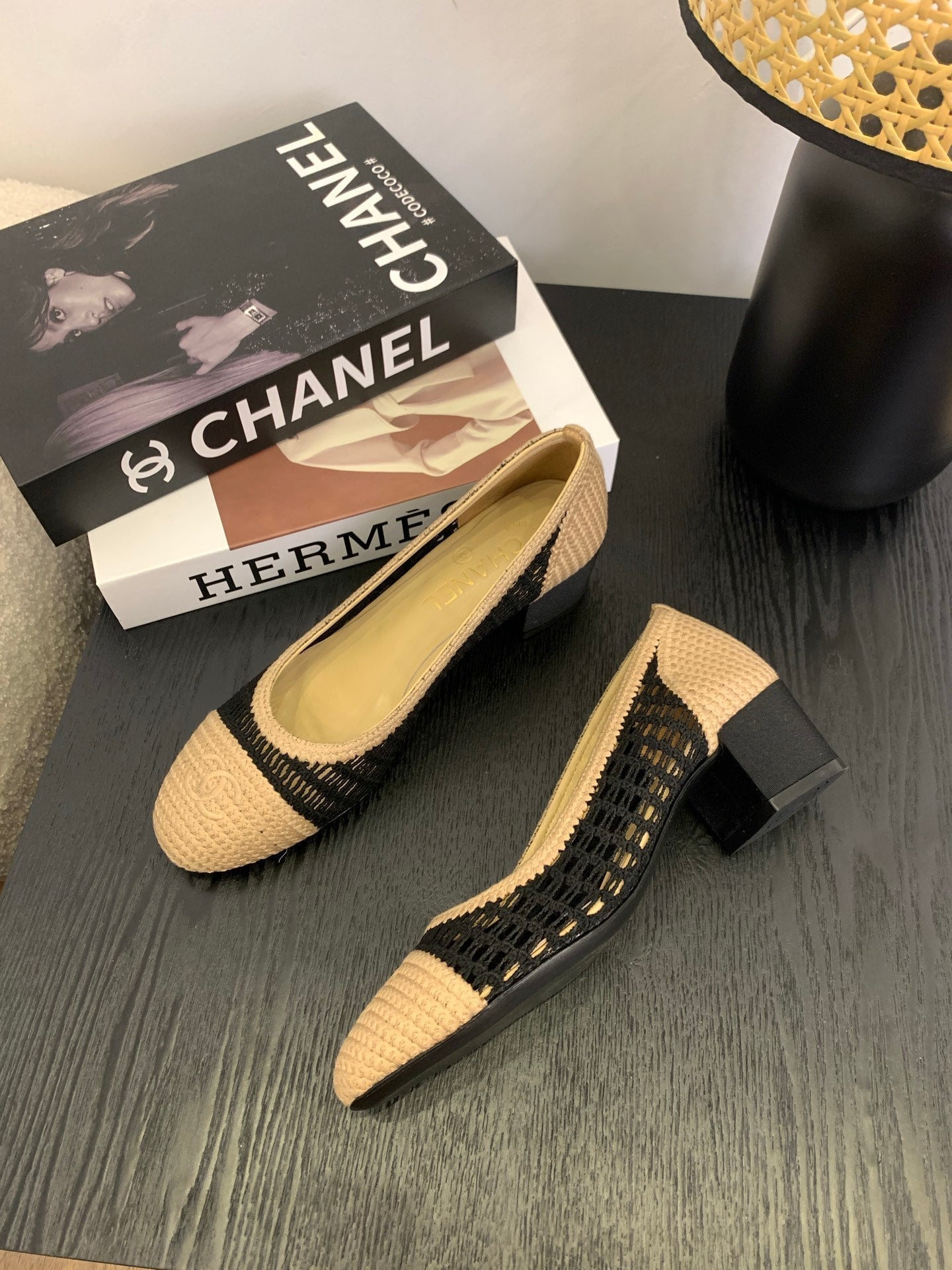 CC 25p Ballet Heel 50mm Black Beige Raffia