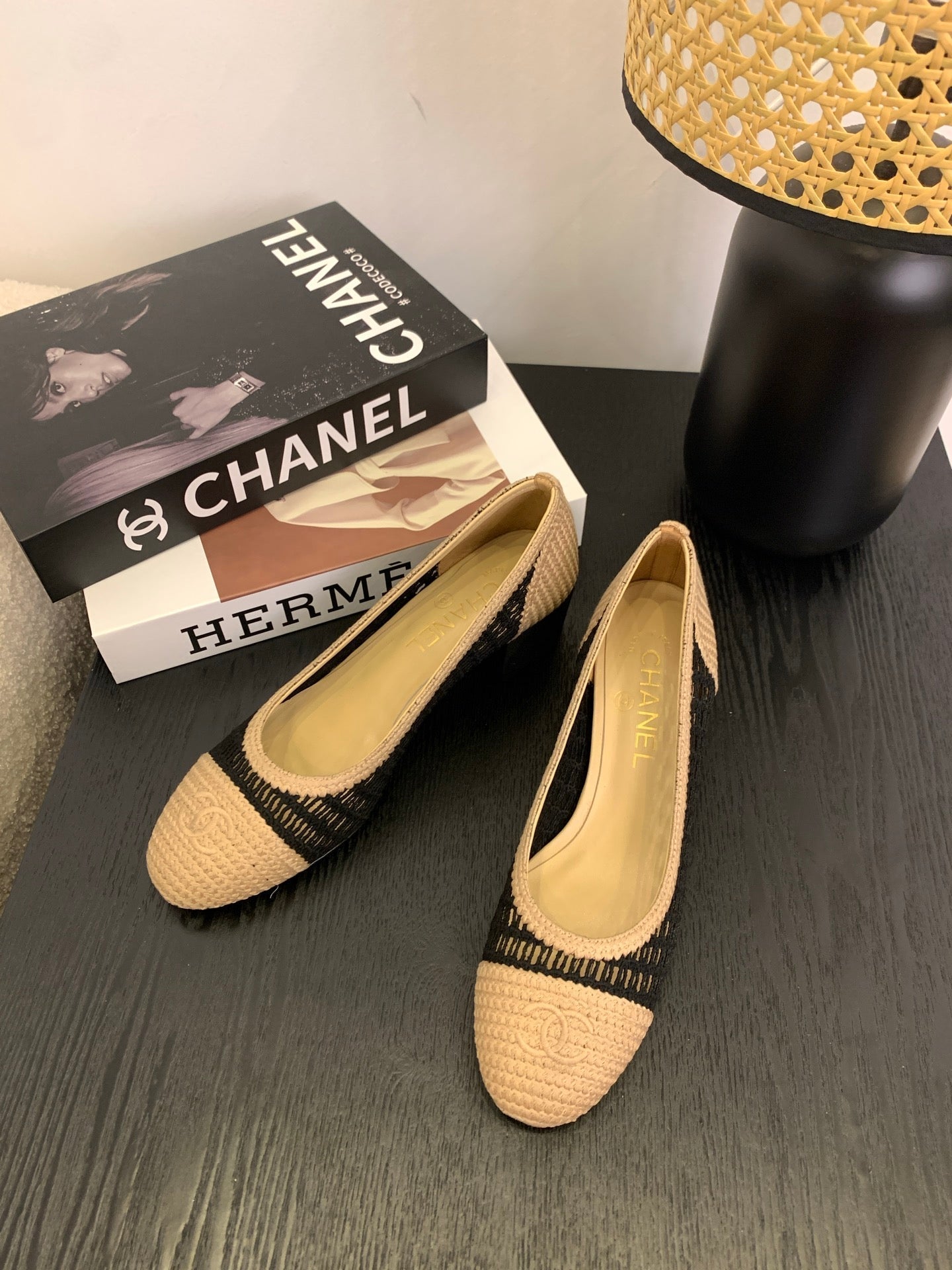 CC 25p Ballet Heel 50mm Black Beige Raffia