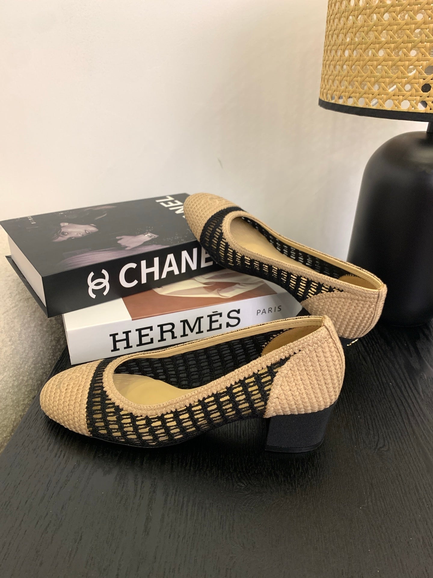 CC 25p Ballet Heel 50mm Black Beige Raffia