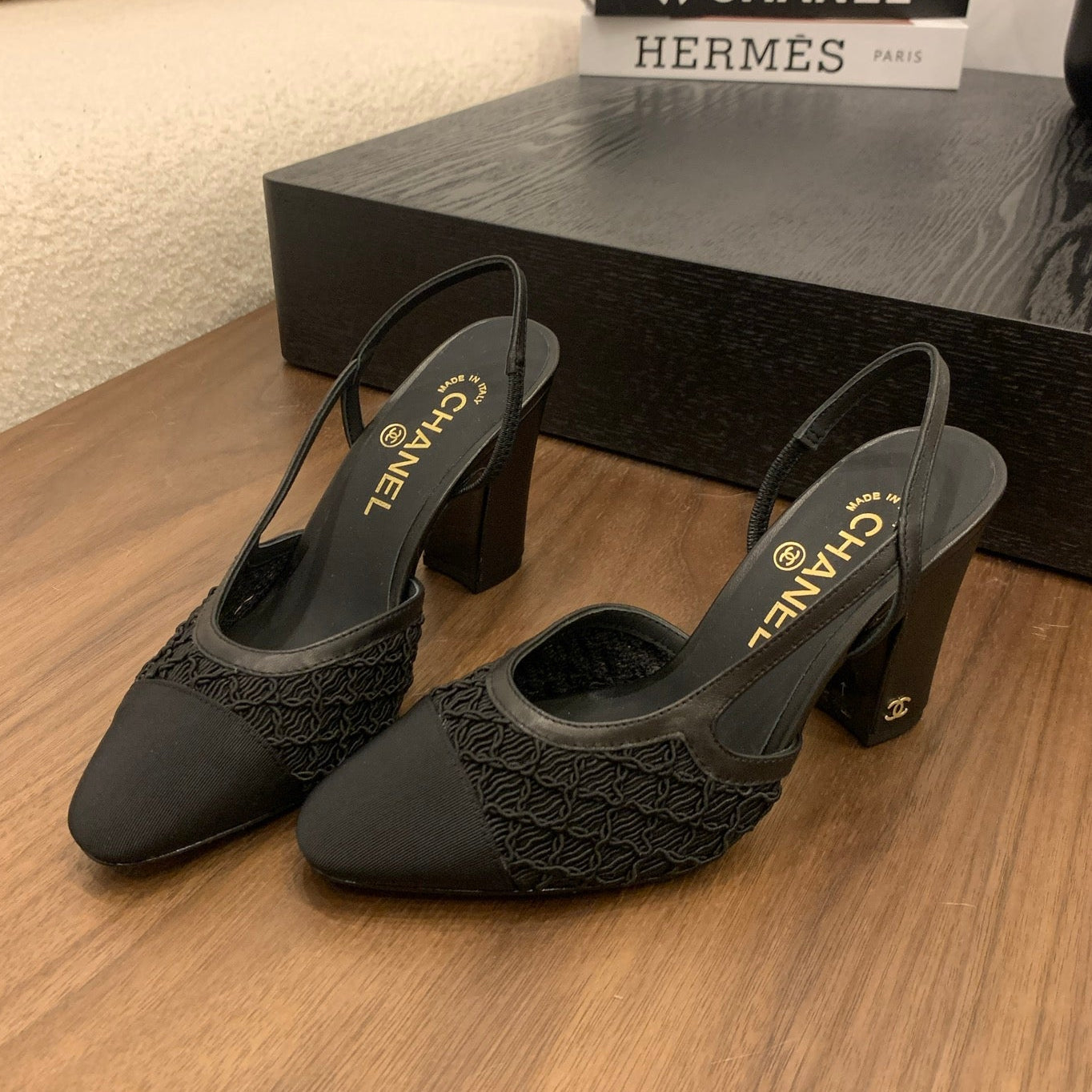 CC 25 Sandal Heel 85mm Black Fabric Grosgrain