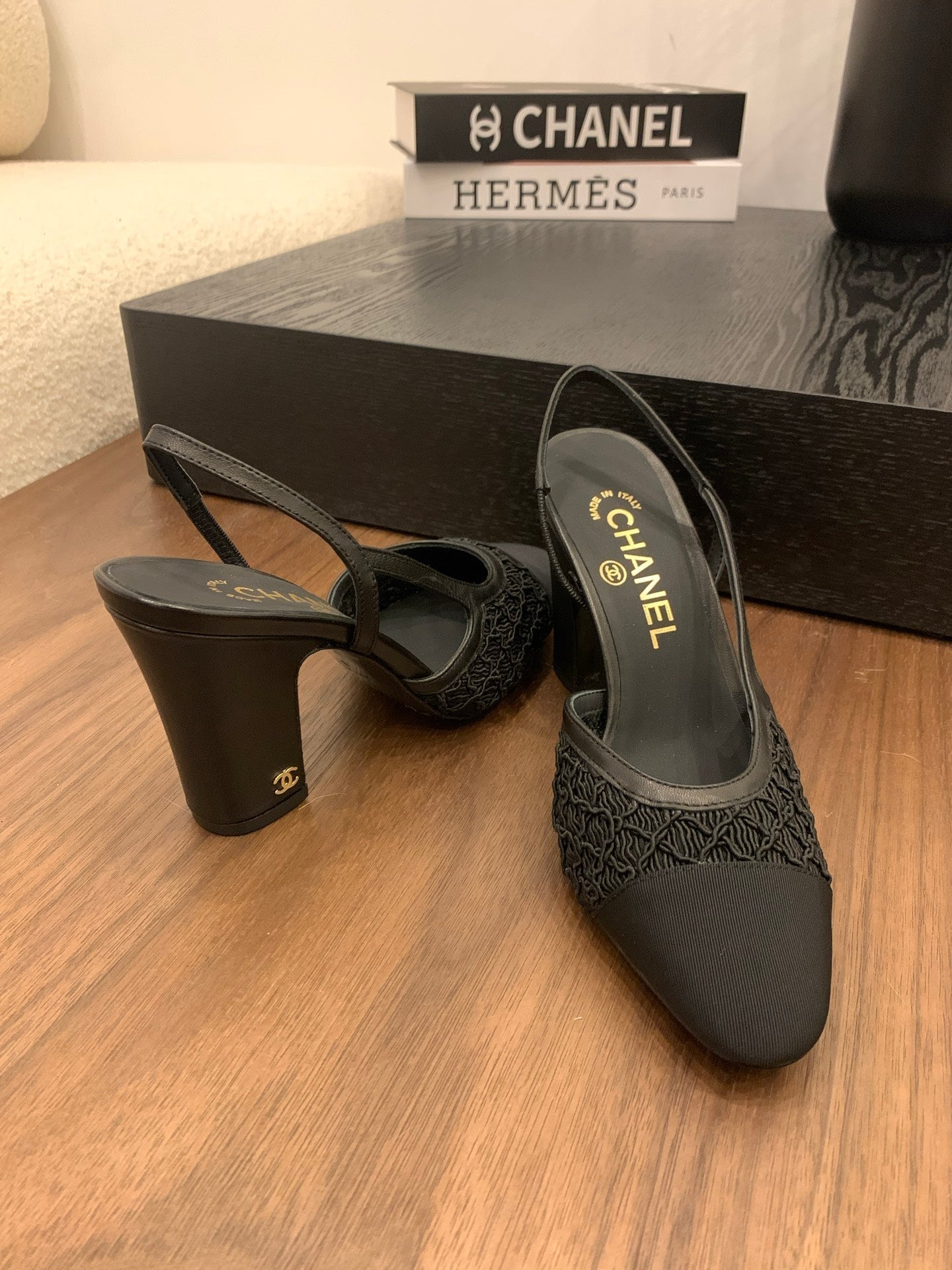 CC 25 Sandal Heel 85mm Black Fabric Grosgrain