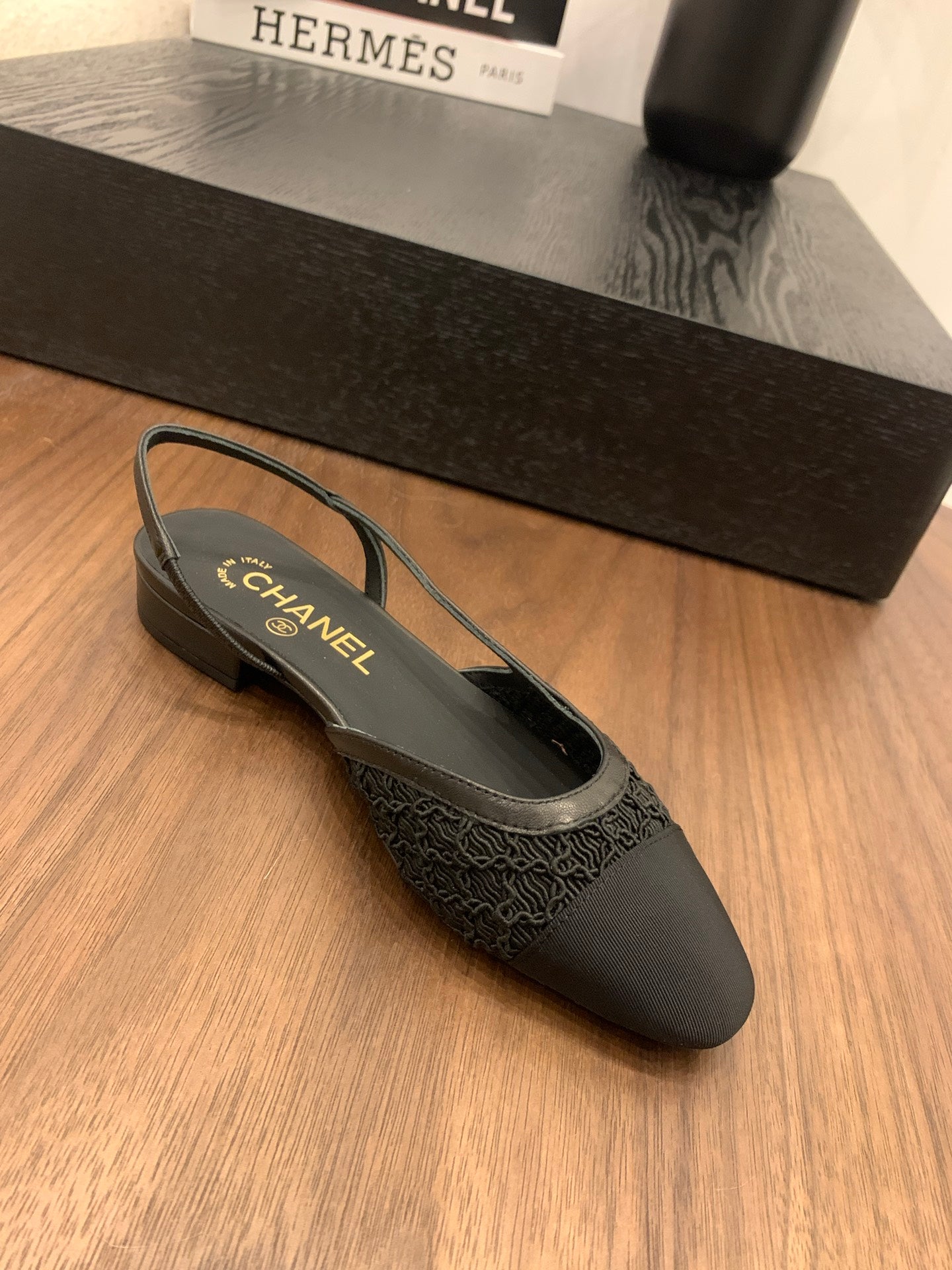 CC 25 Slingback Flat Black Fabric Grosgrain