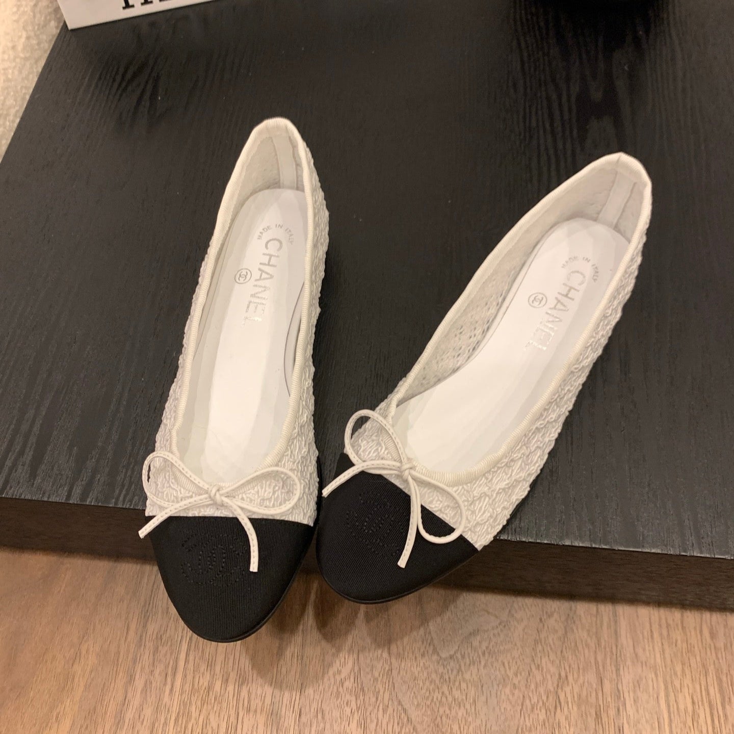 CC 25 Ballet Flat White Fabric Black Grosgrain