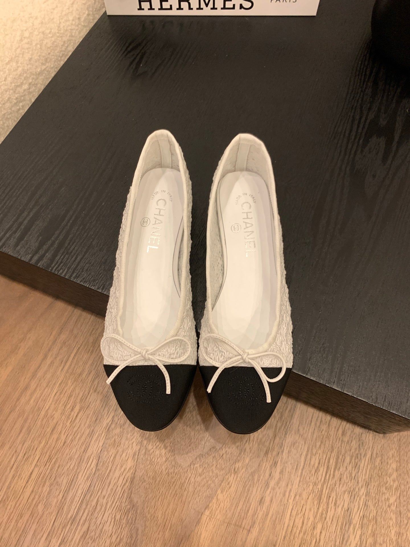 CC 25 Ballet Flat White Fabric Black Grosgrain