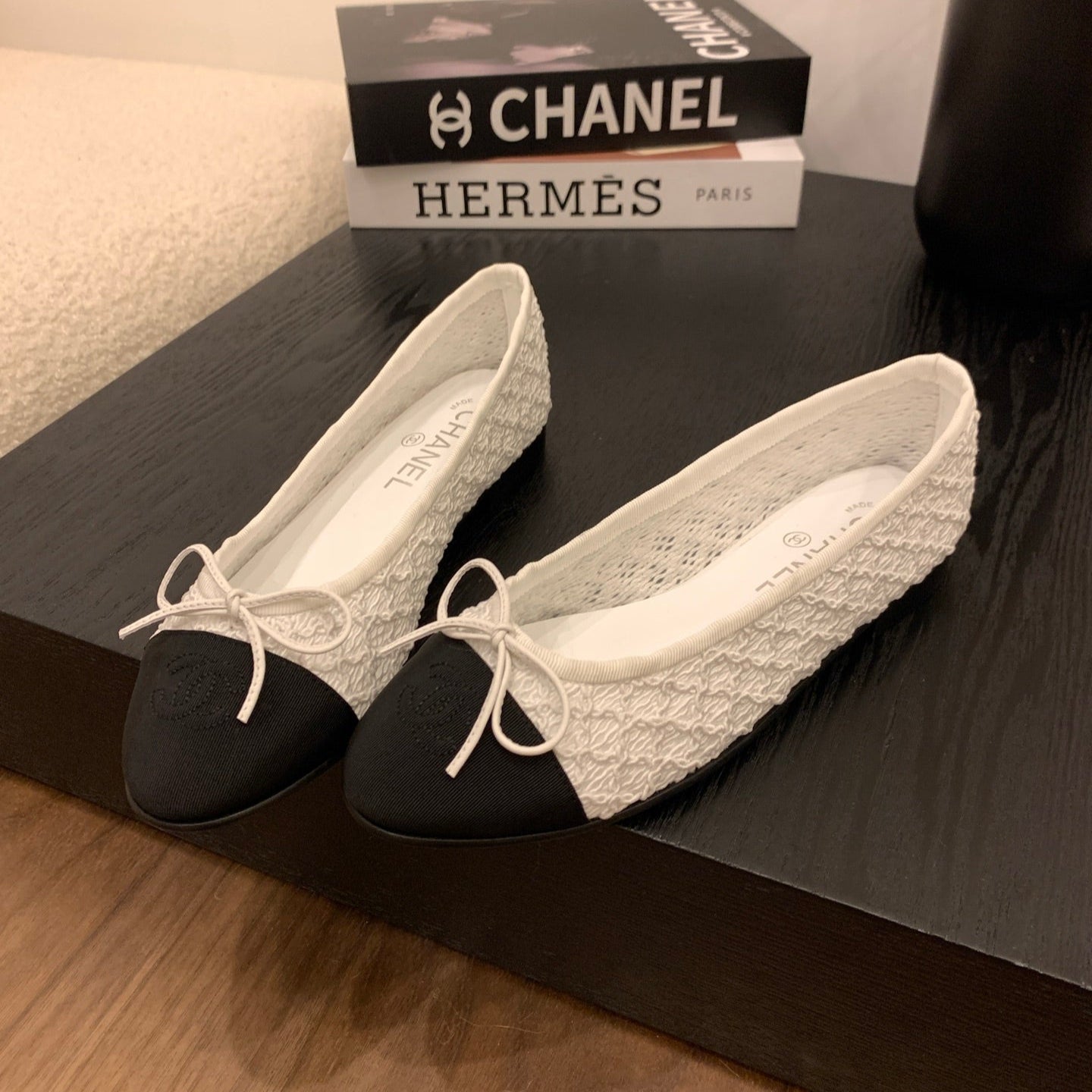 CC 25 Ballet Flat White Fabric Black Grosgrain