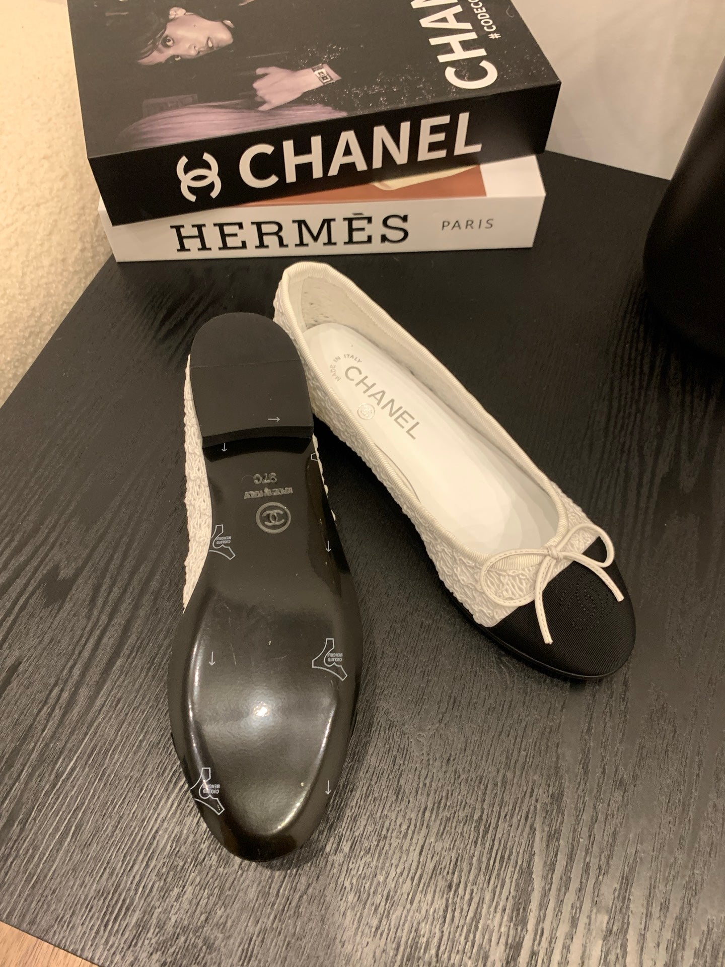 CC 25 Ballet Flat White Fabric Black Grosgrain