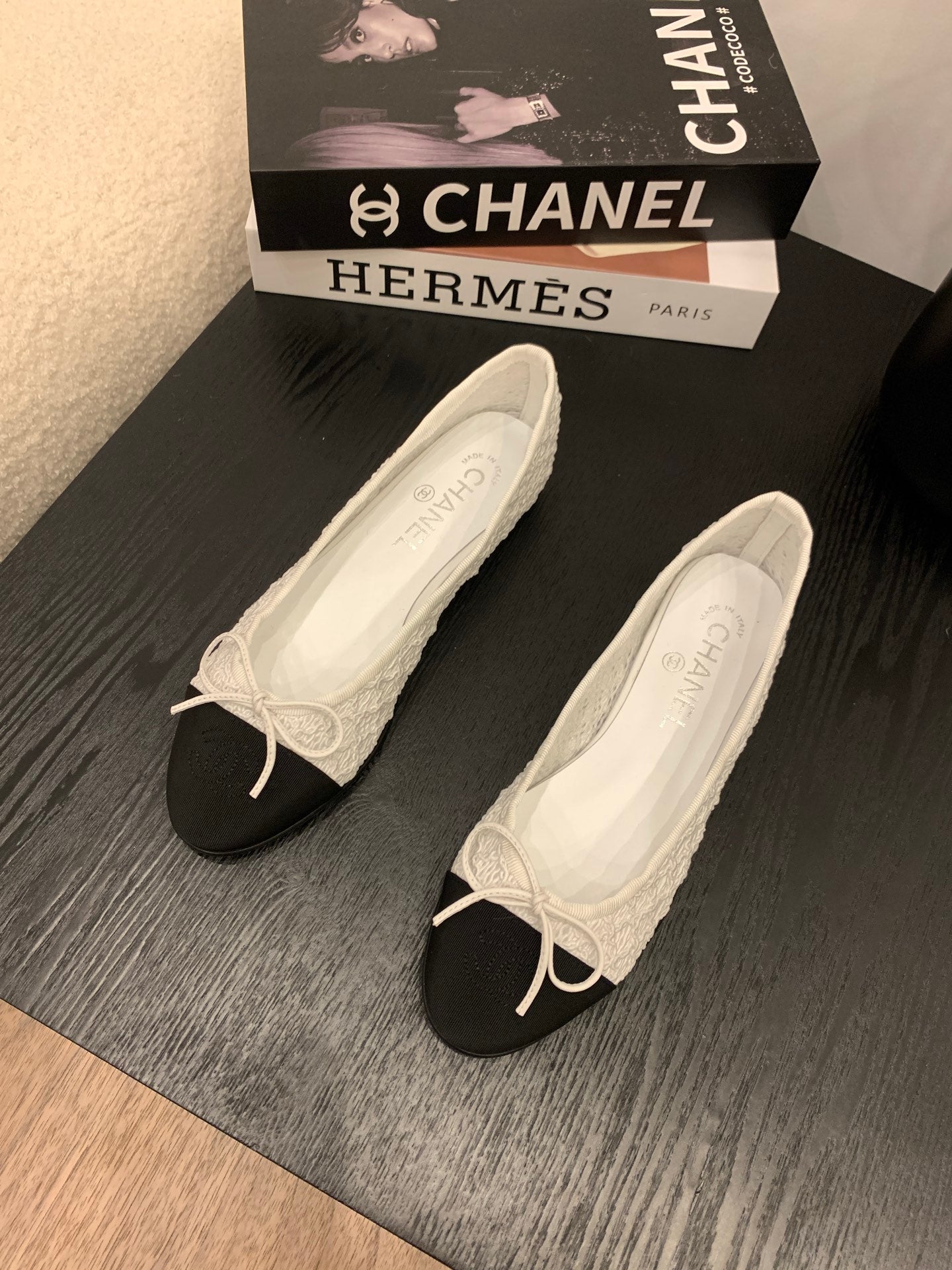 CC 25 Ballet Flat White Fabric Black Grosgrain