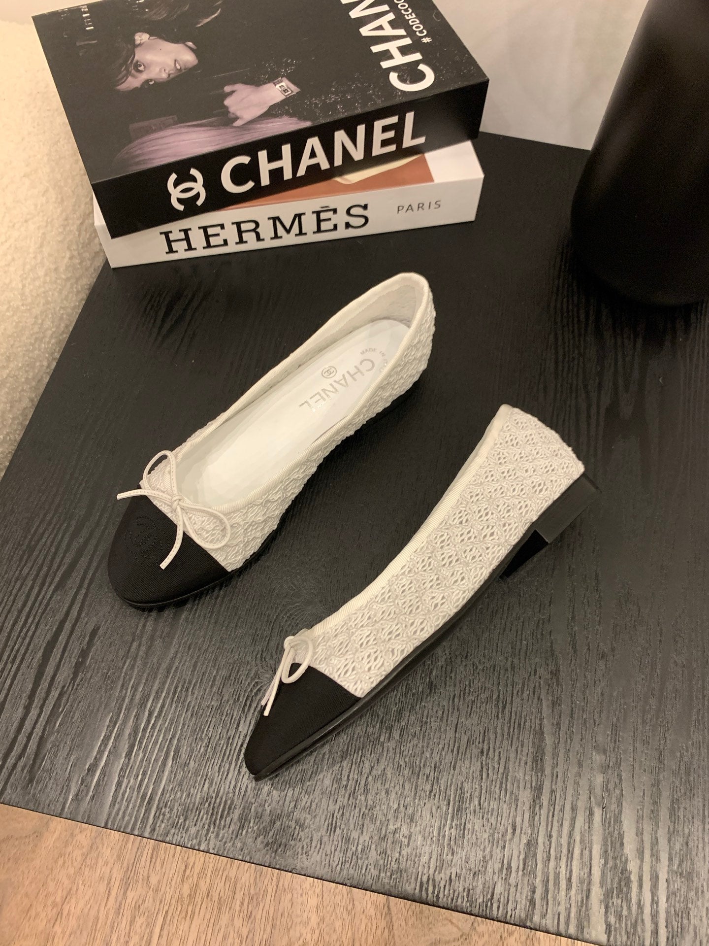 CC 25 Ballet Flat White Fabric Black Grosgrain