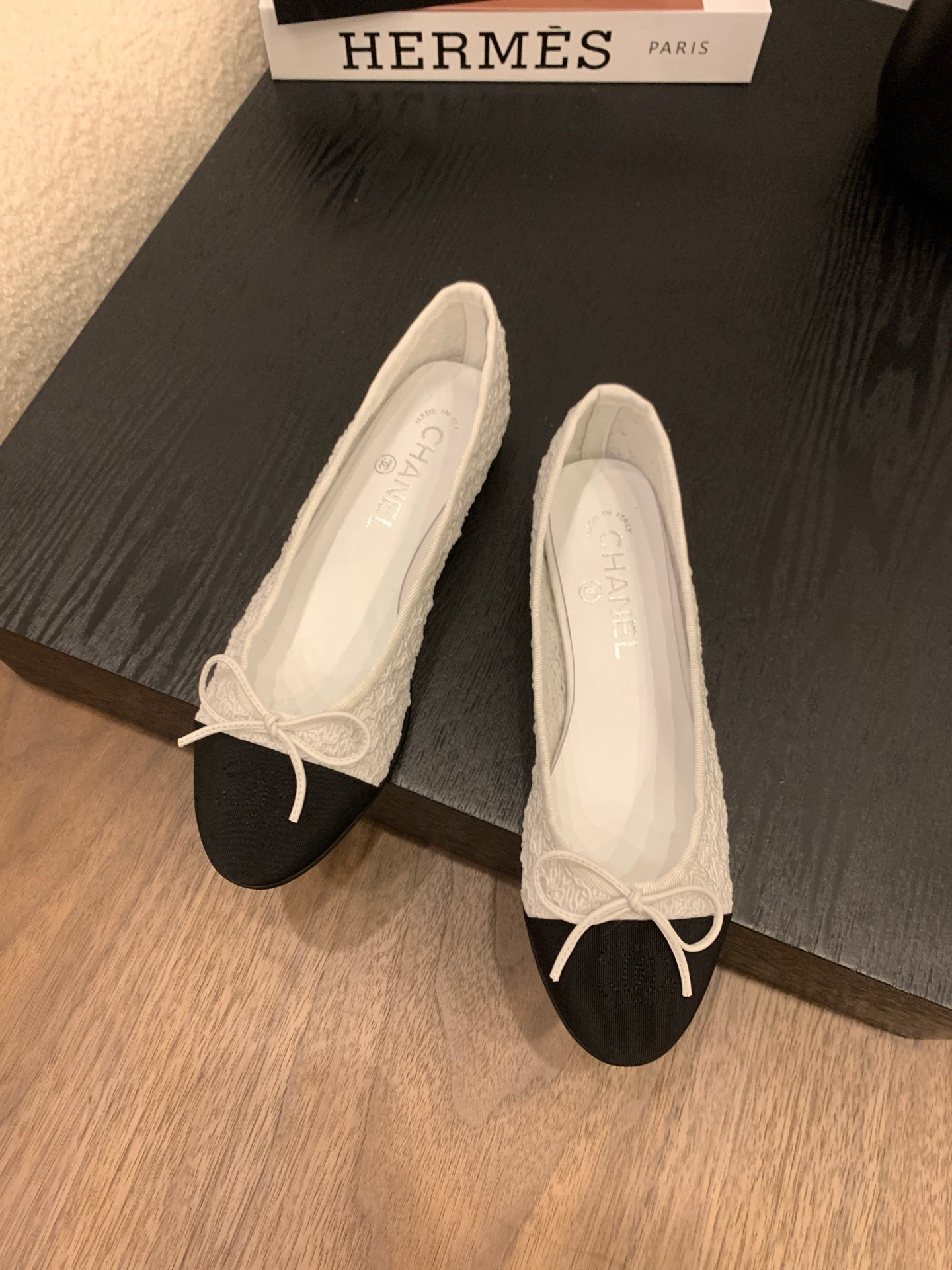CC 25 Ballet Flat White Fabric Black Grosgrain
