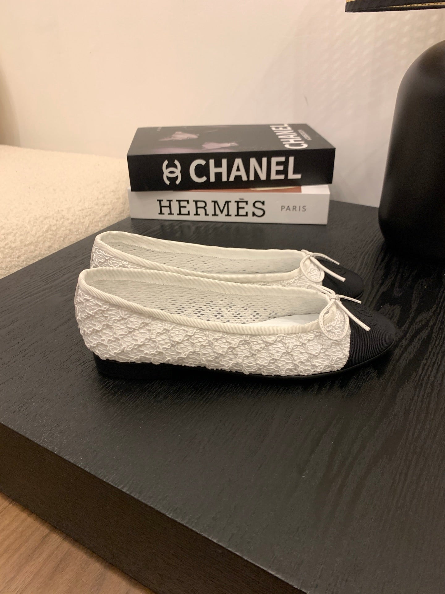 CC 25 Ballet Flat White Fabric Black Grosgrain