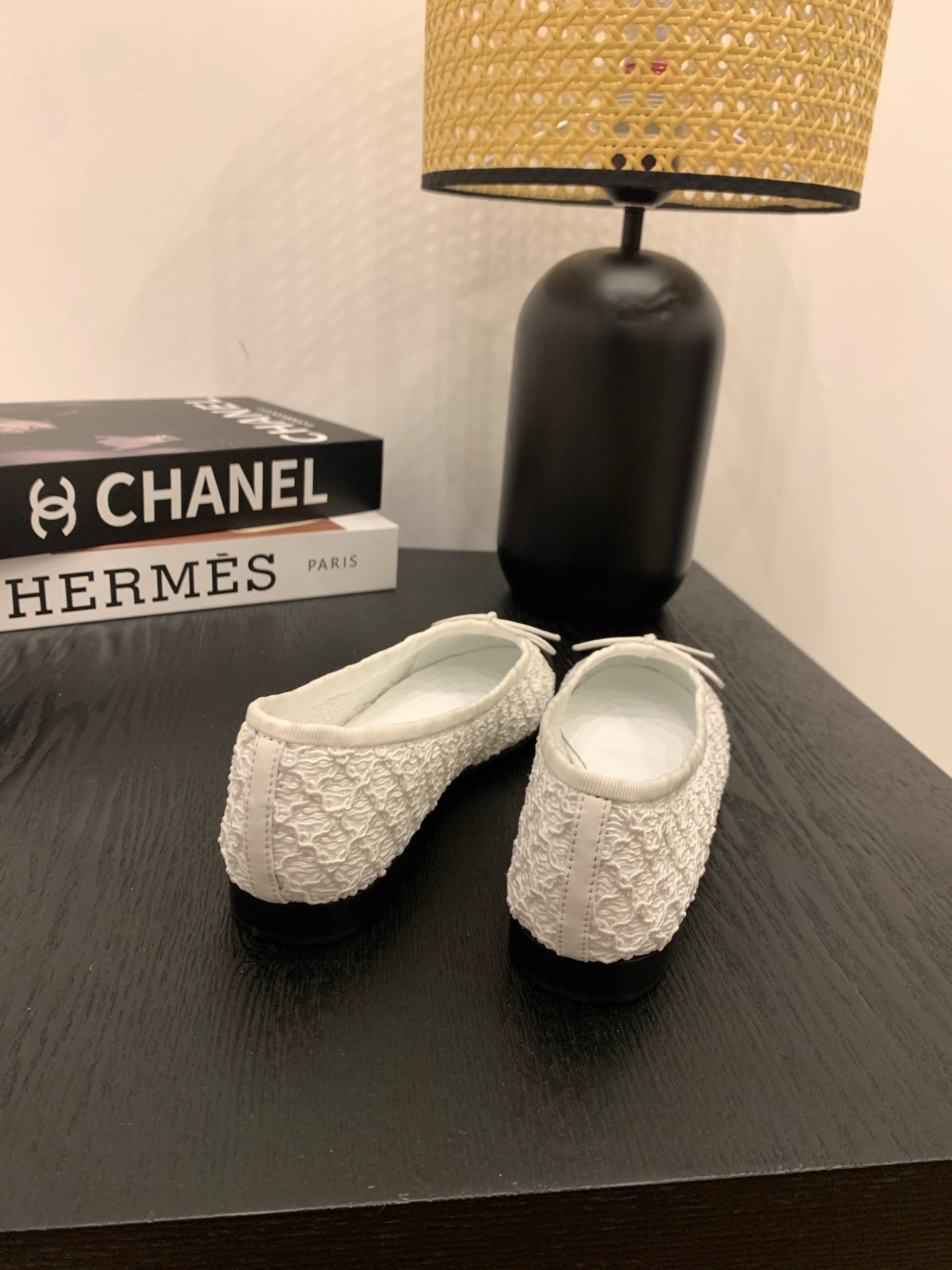 CC 25 Ballet Flat White Fabric Black Grosgrain