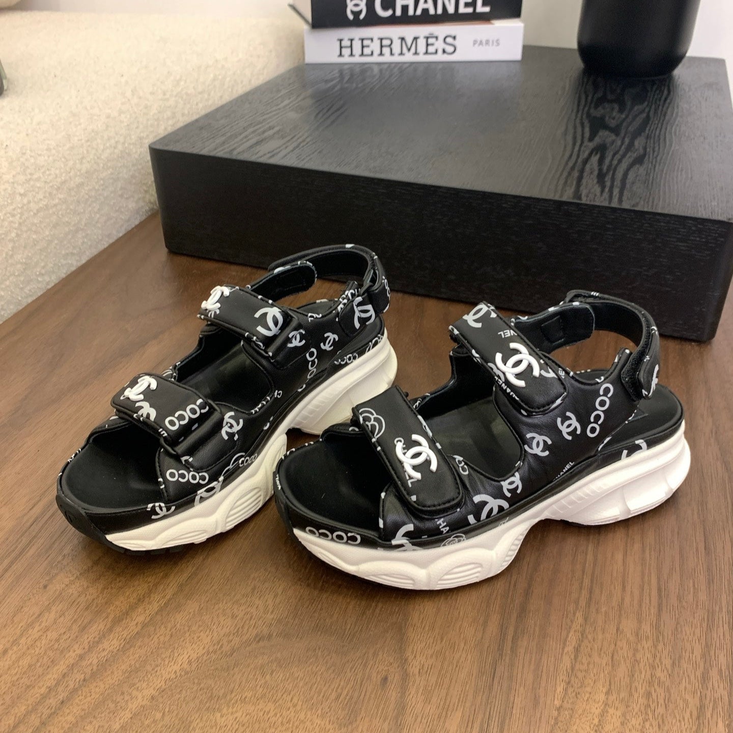 CC Toe Sandals Black Mix Camellia Pattern Leather 299539