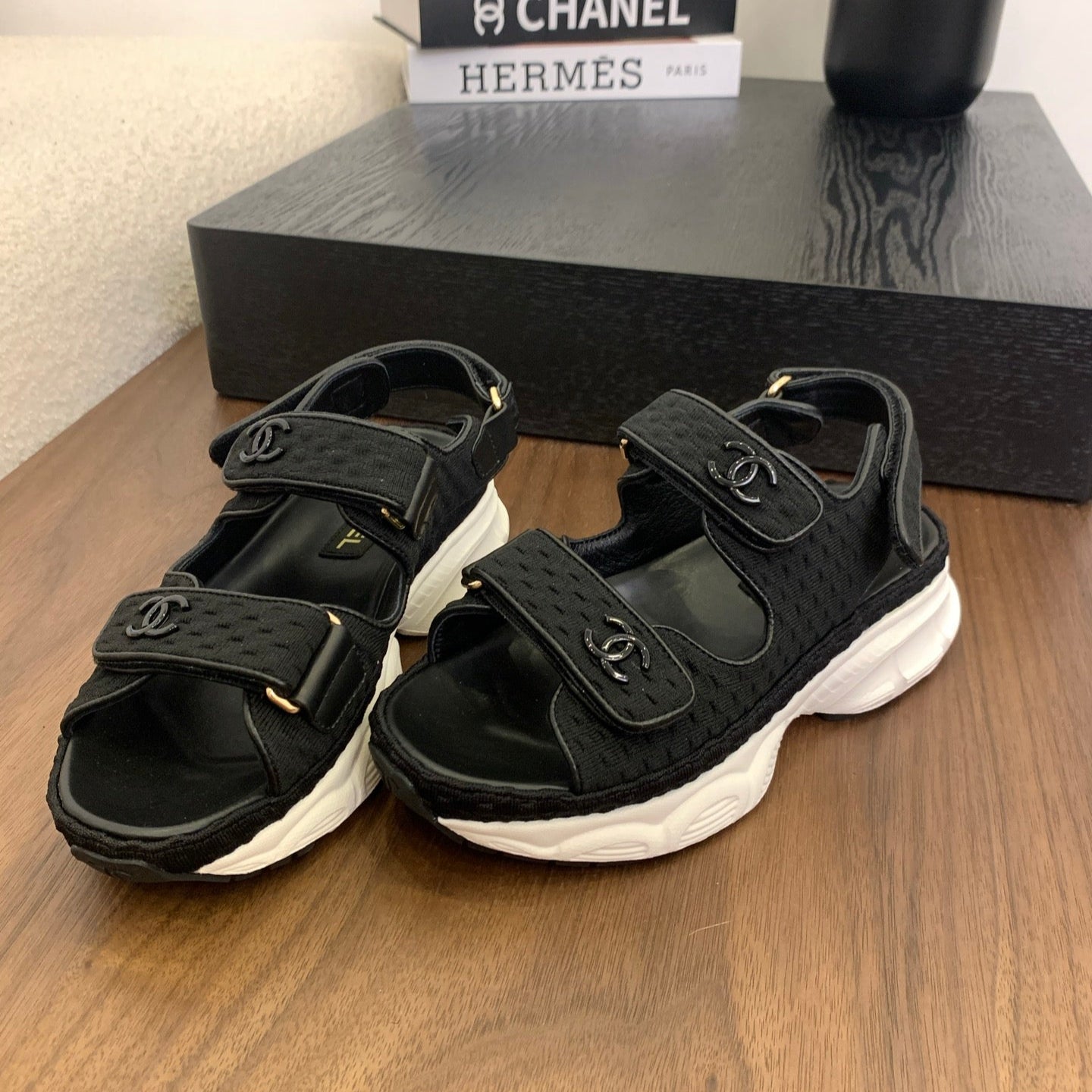 CC Toe Sandals Black Canvas Mix Leather 299541