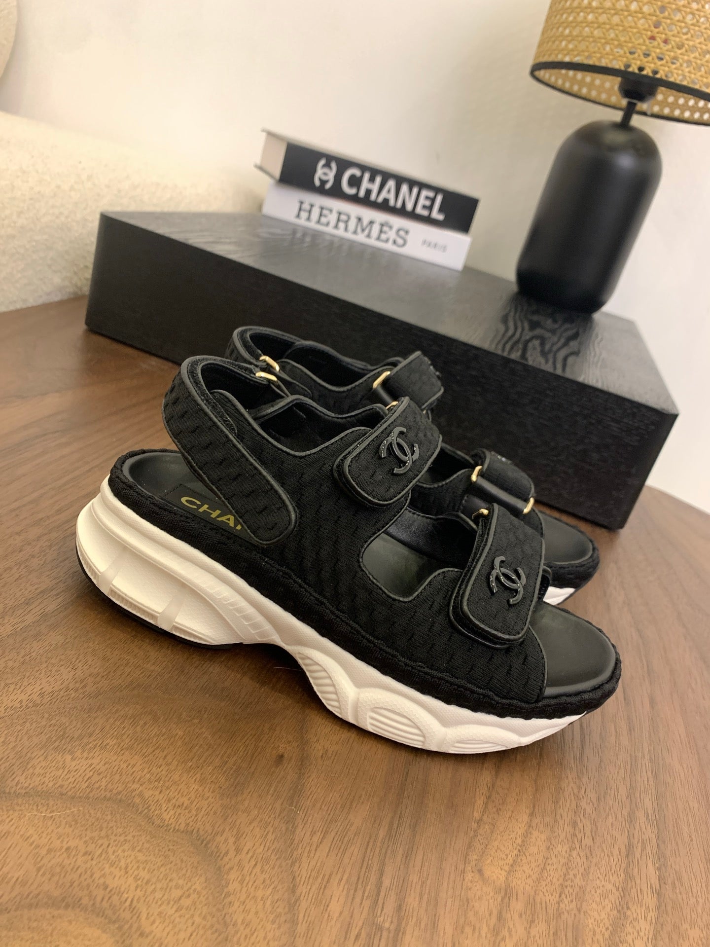 CC Toe Sandals Black Canvas Mix Leather 299541