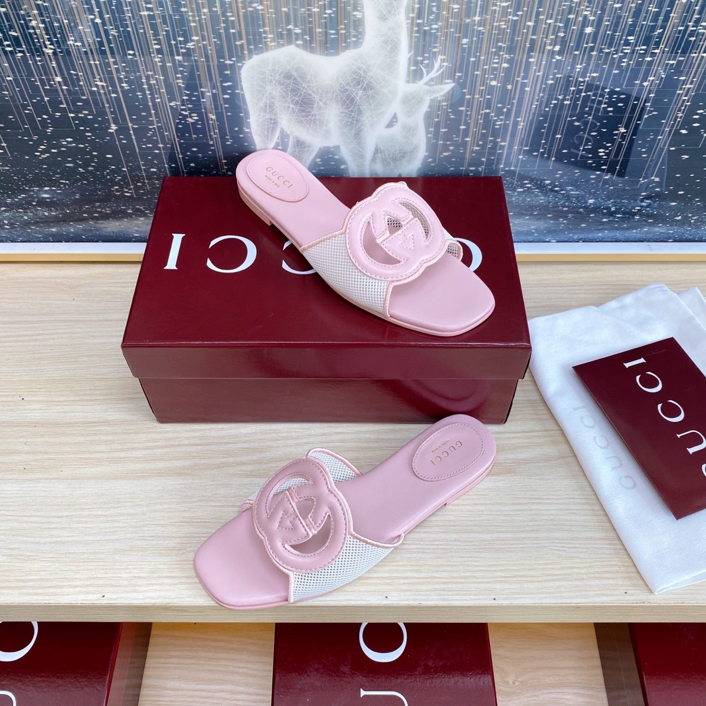 GC Interlocking G Slide Sandal Pink Canvas Cowhide 295433