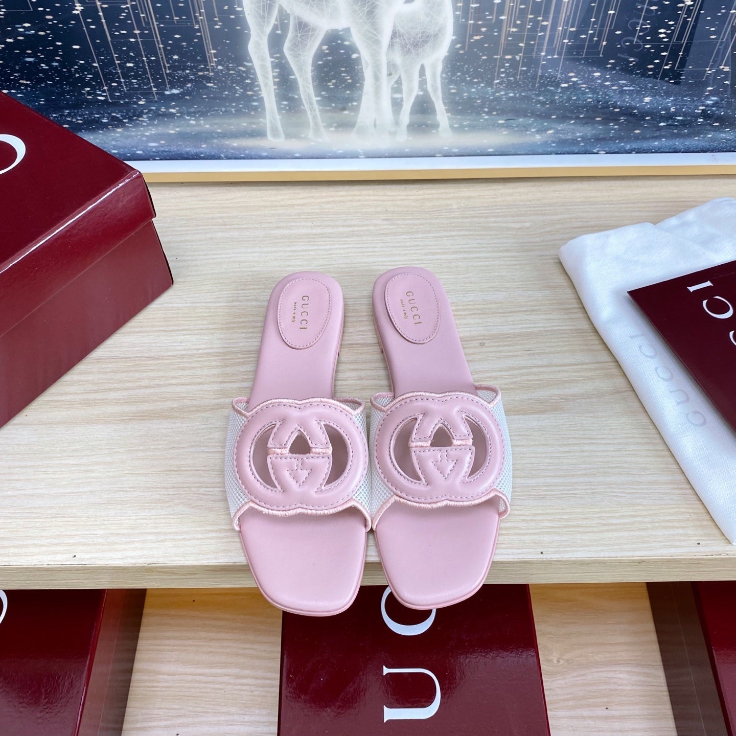 GC Interlocking G Slide Sandal Pink Canvas Cowhide 295433