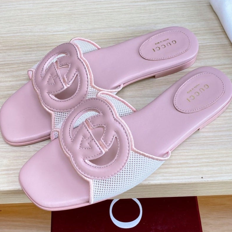 GC Interlocking G Slide Sandal Pink Canvas Cowhide 295433