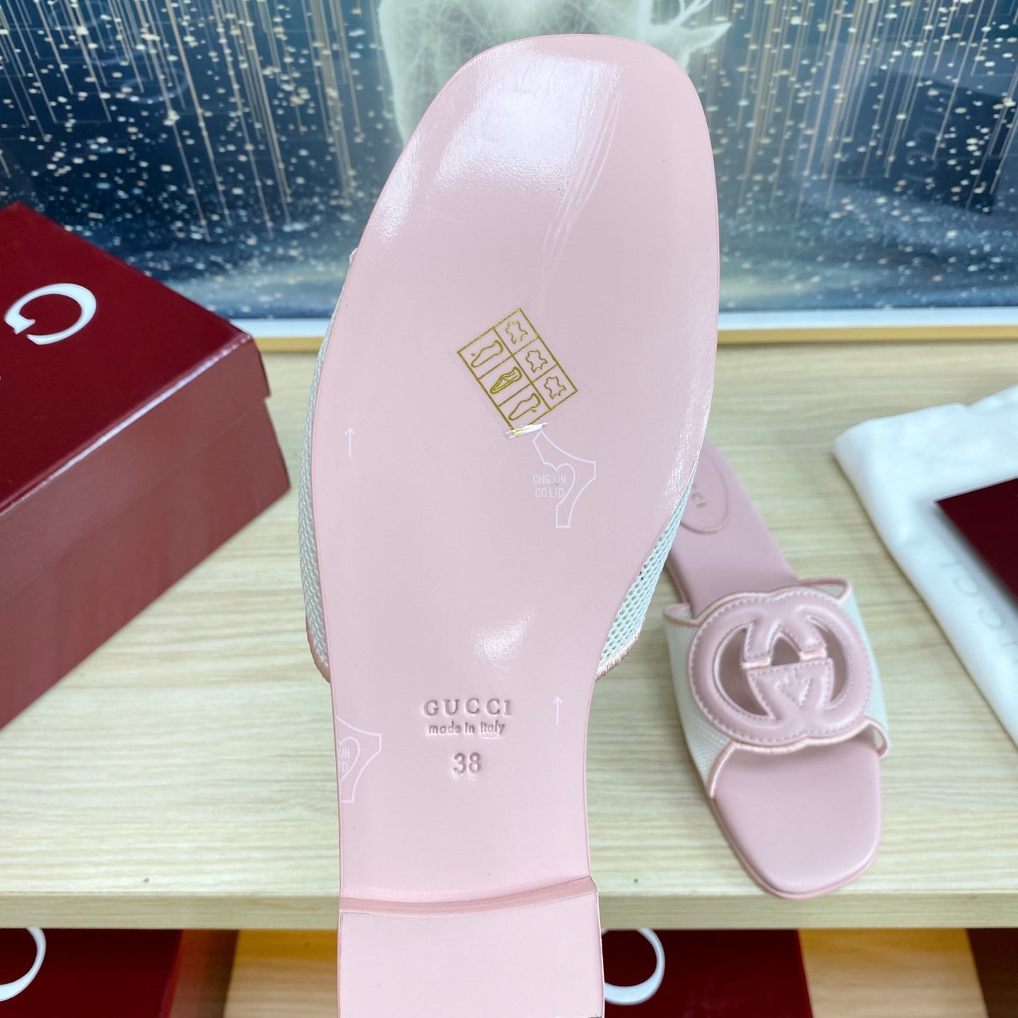 GC Interlocking G Slide Sandal Pink Canvas Cowhide 295433