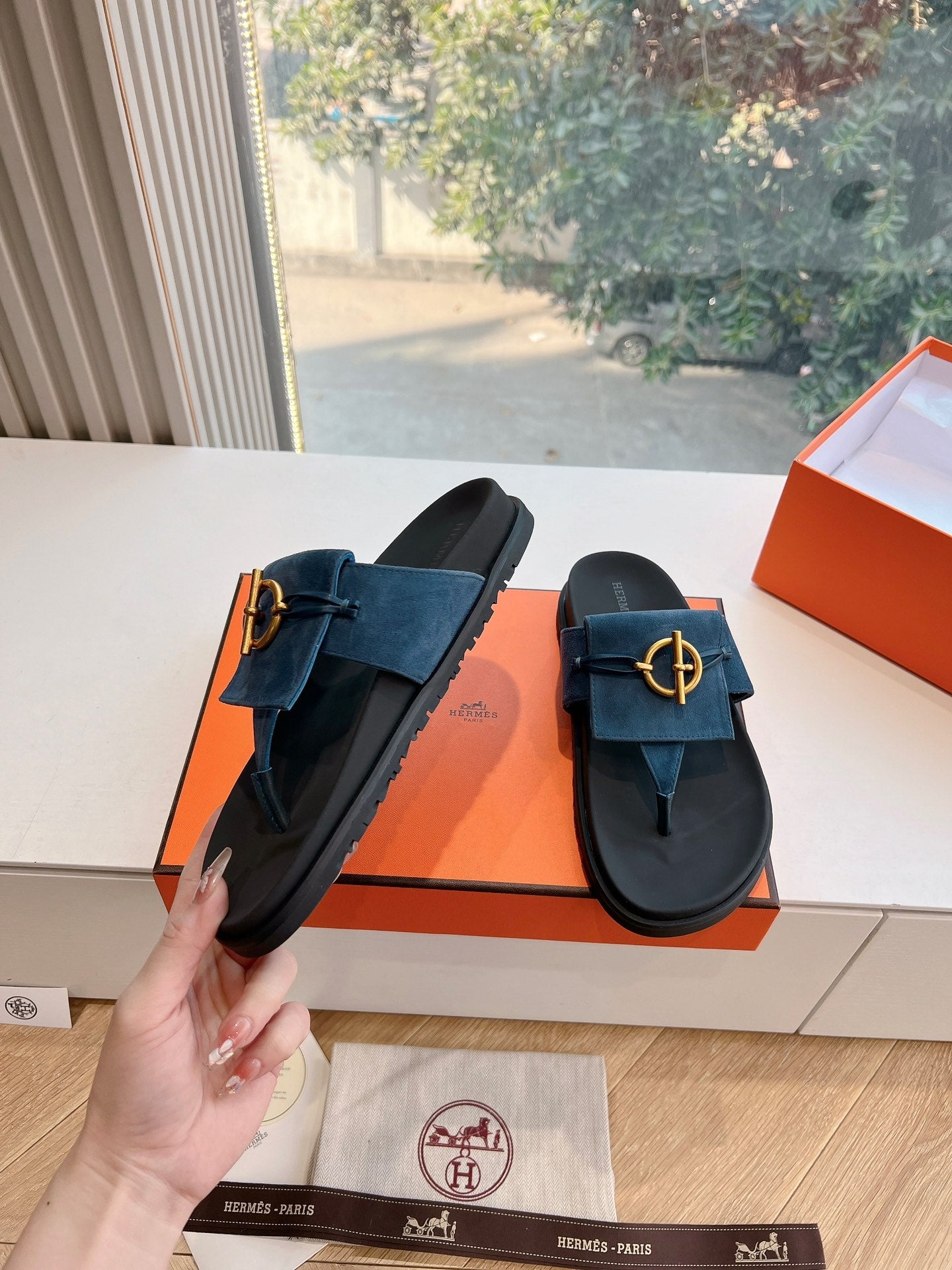 HM Joyce Sandals Black Blue Suede Lambskin 292600