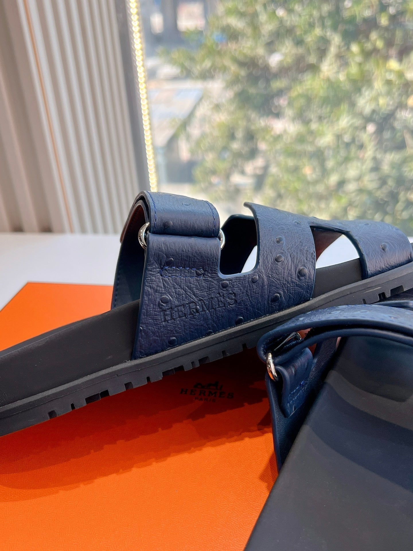 HM Chypre Sandal Liberty Blue Ostrich Leather 202804